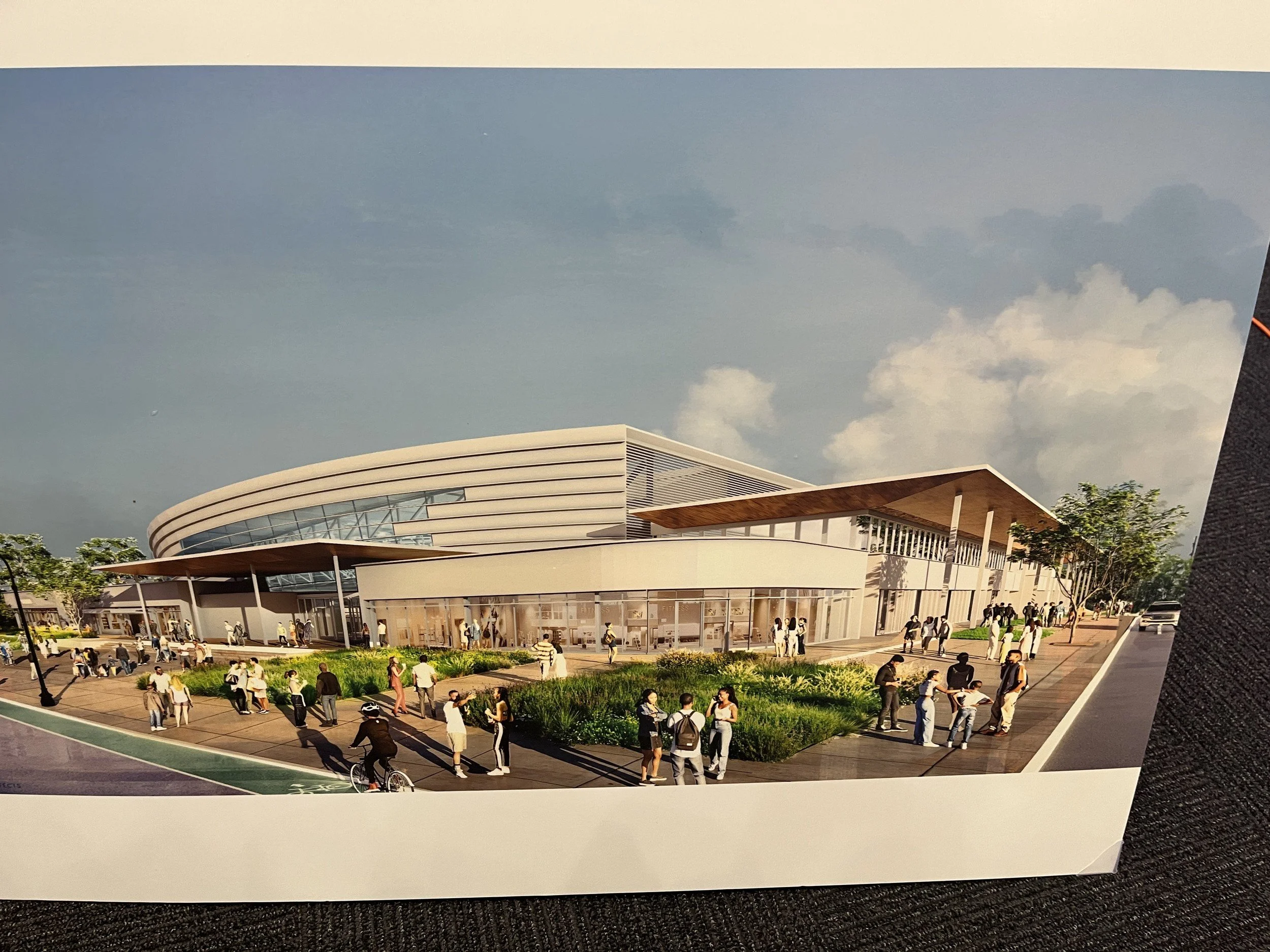 The proposed facility, seen from Georgia Avenue. Rendering: Atlanta Track Club proposal, as displayed at the Track Club’s meeting with adjacent neighbors, September 29, 2026.