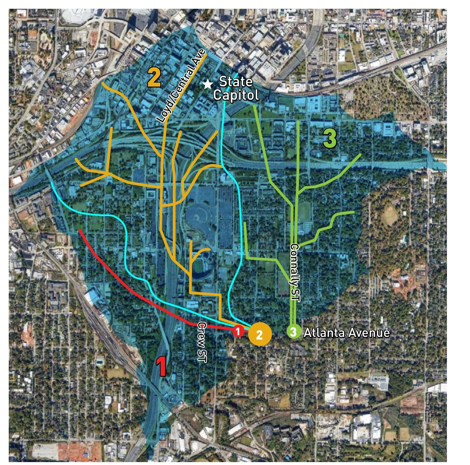 Three sub-basins and three trunk lines meeting at Atlanta Avenue.