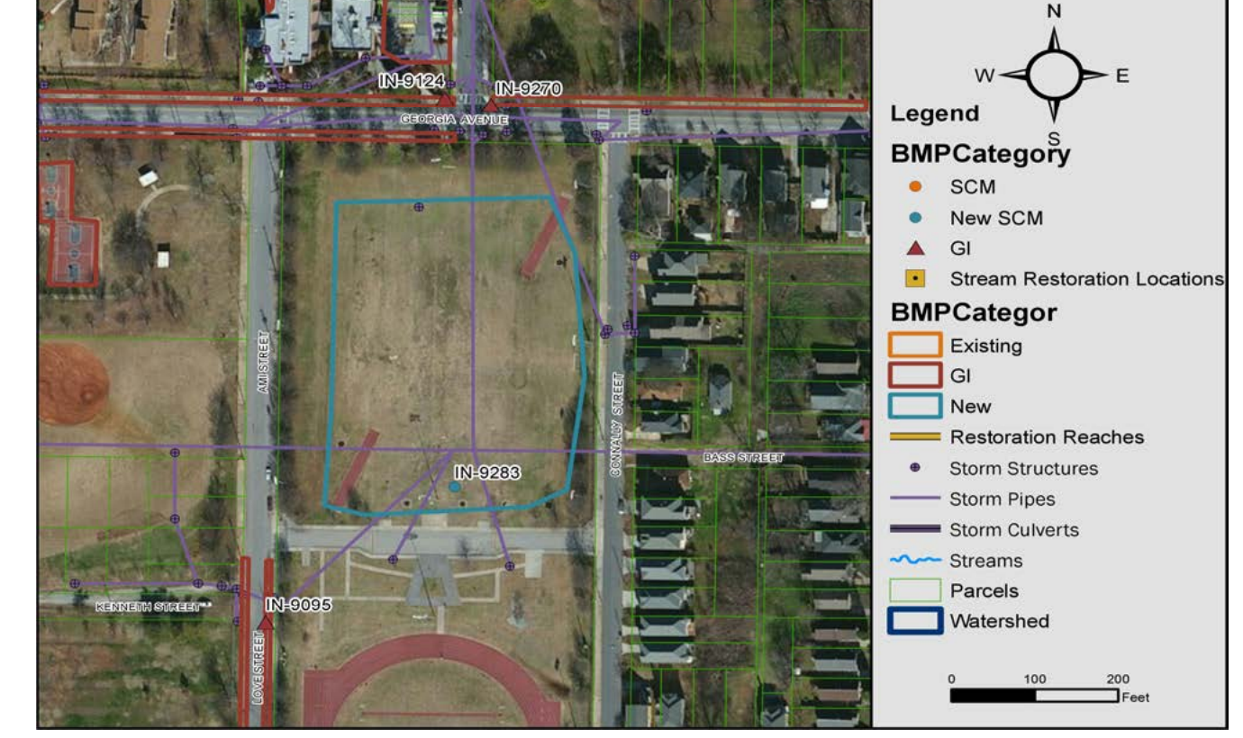 Figure 1. The City’s proposed stormwater pond (project IN-9283), outlined in blue on the north half of Cheney Field.