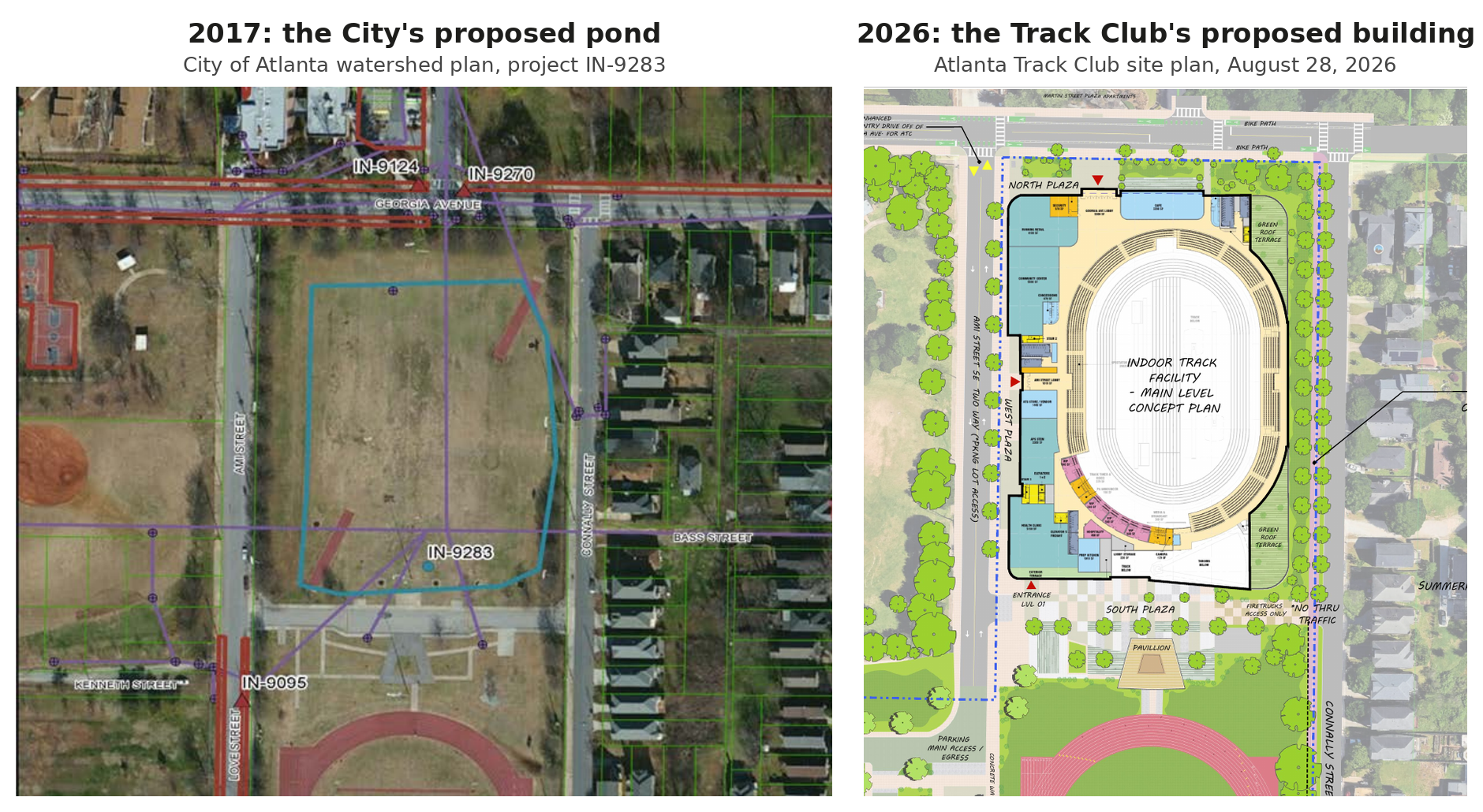 The same ground, two plans. Left: the City’s proposed stormwater pond (project IN-9283). Right: the Track Club’s proposed building.