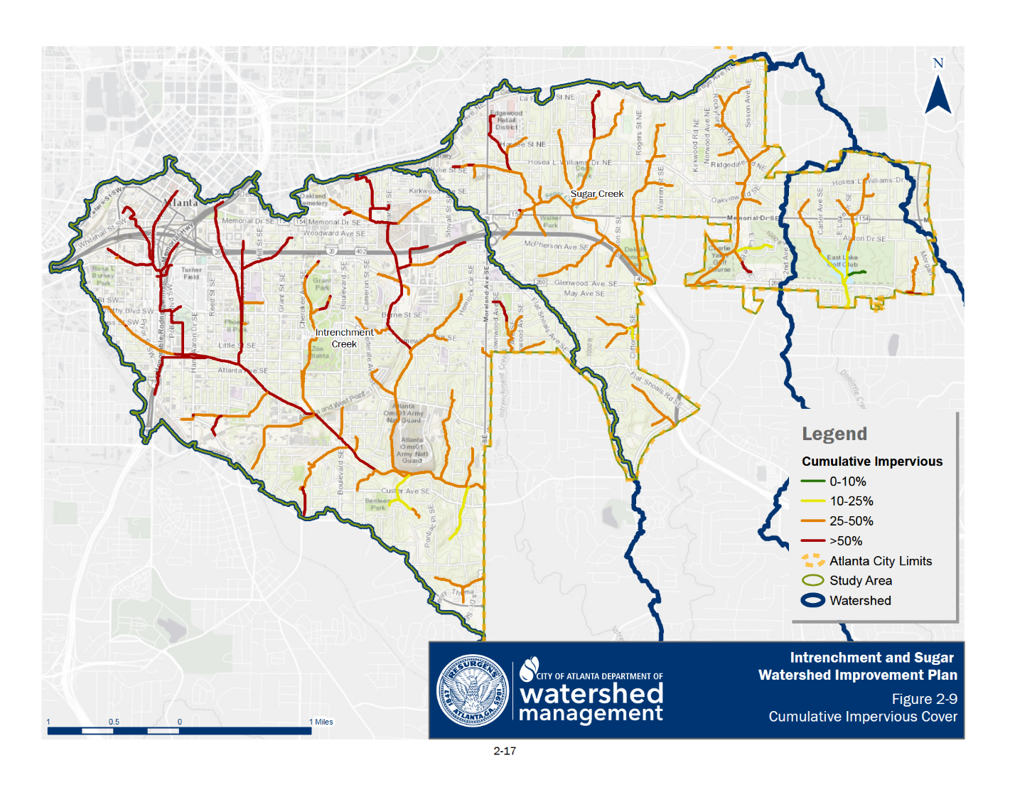 Figure 7. Atlanta DWM map of the Intrenchment and Sugar Creek Watershed trunk lines.