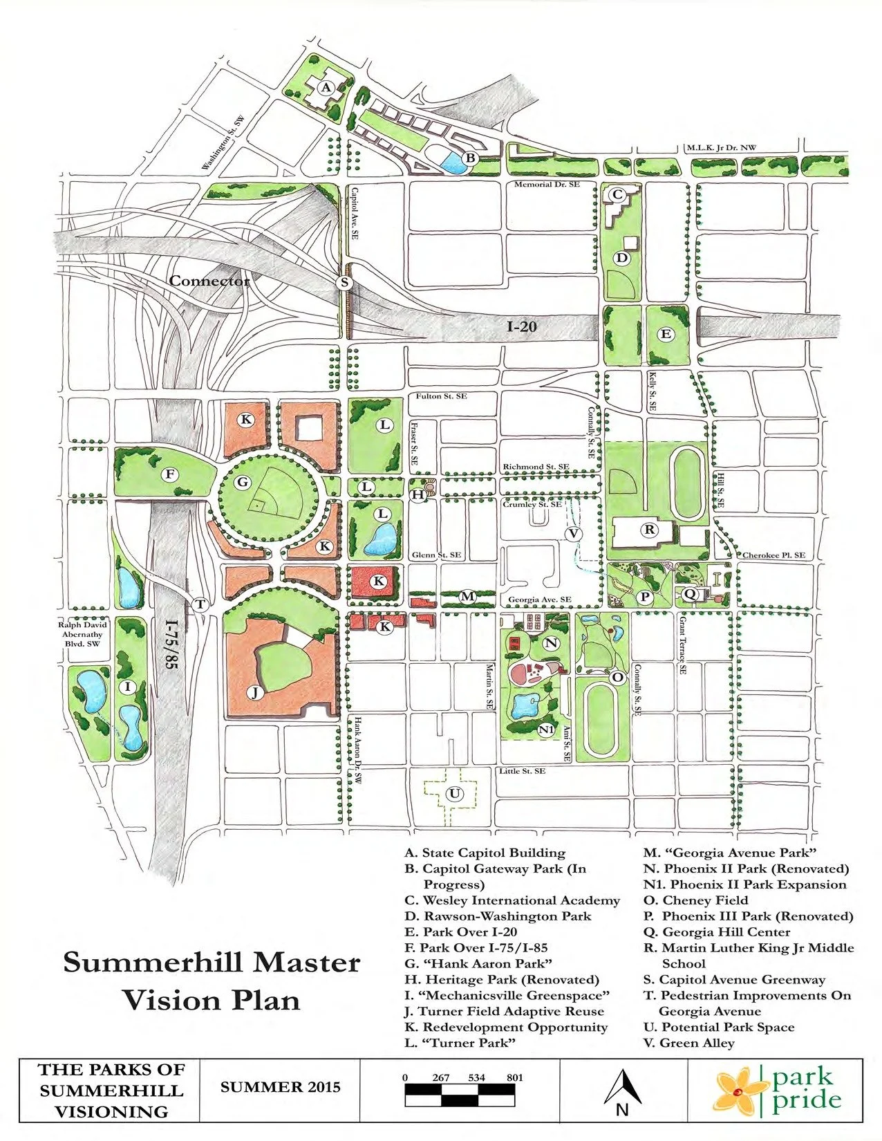 The full Summerhill master vision plan, showing the network of connected parks neighbors imagined, much of it on land that has since been redeveloped.