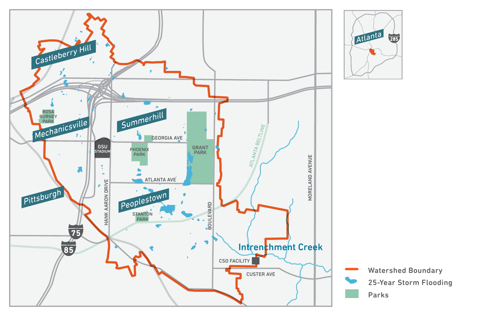 Figure 8. The Intrenchment Creek headwaters, with areas of 25-year storm flooding shown in blue. Credit: Intrenchment Creek One Water Management Plan, 2020.