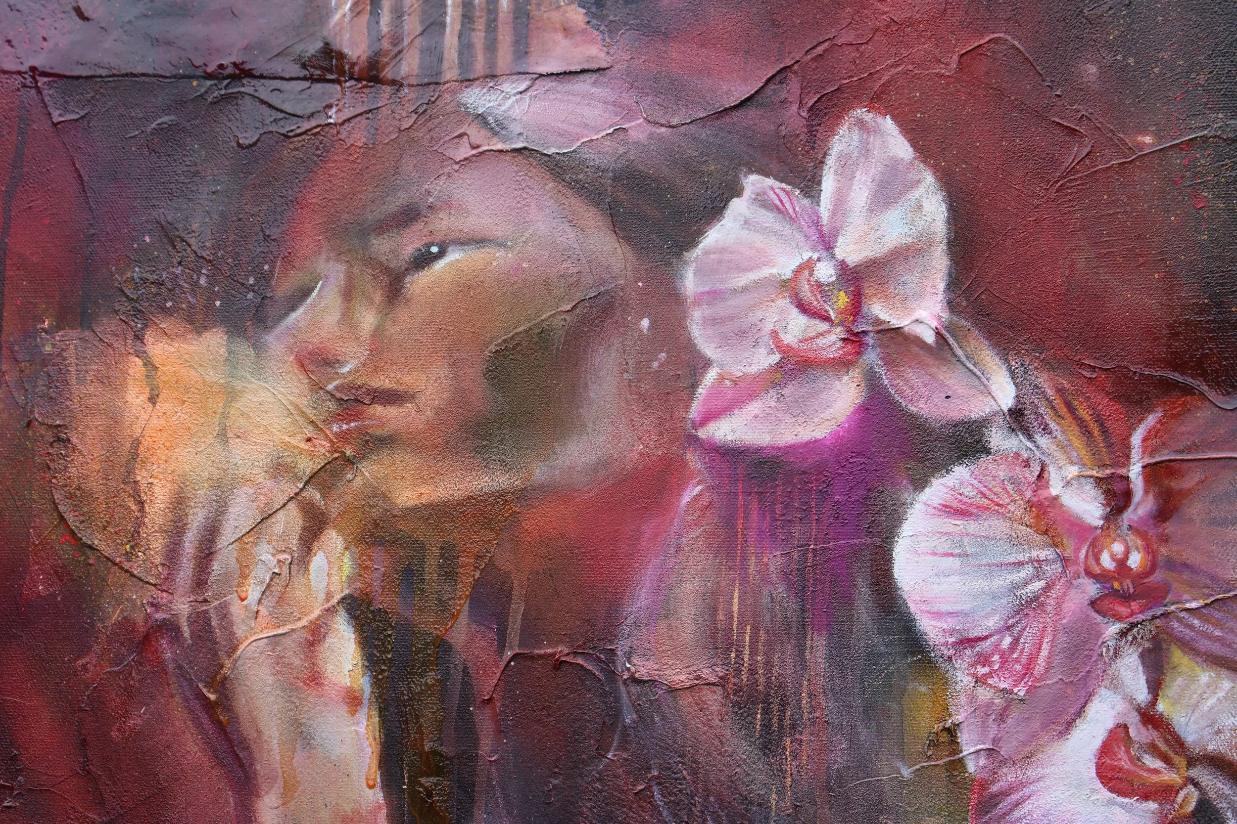 Abstract textured painting in burgundy, pink, and purple featuring a soft pink flower and layered brushstrokes