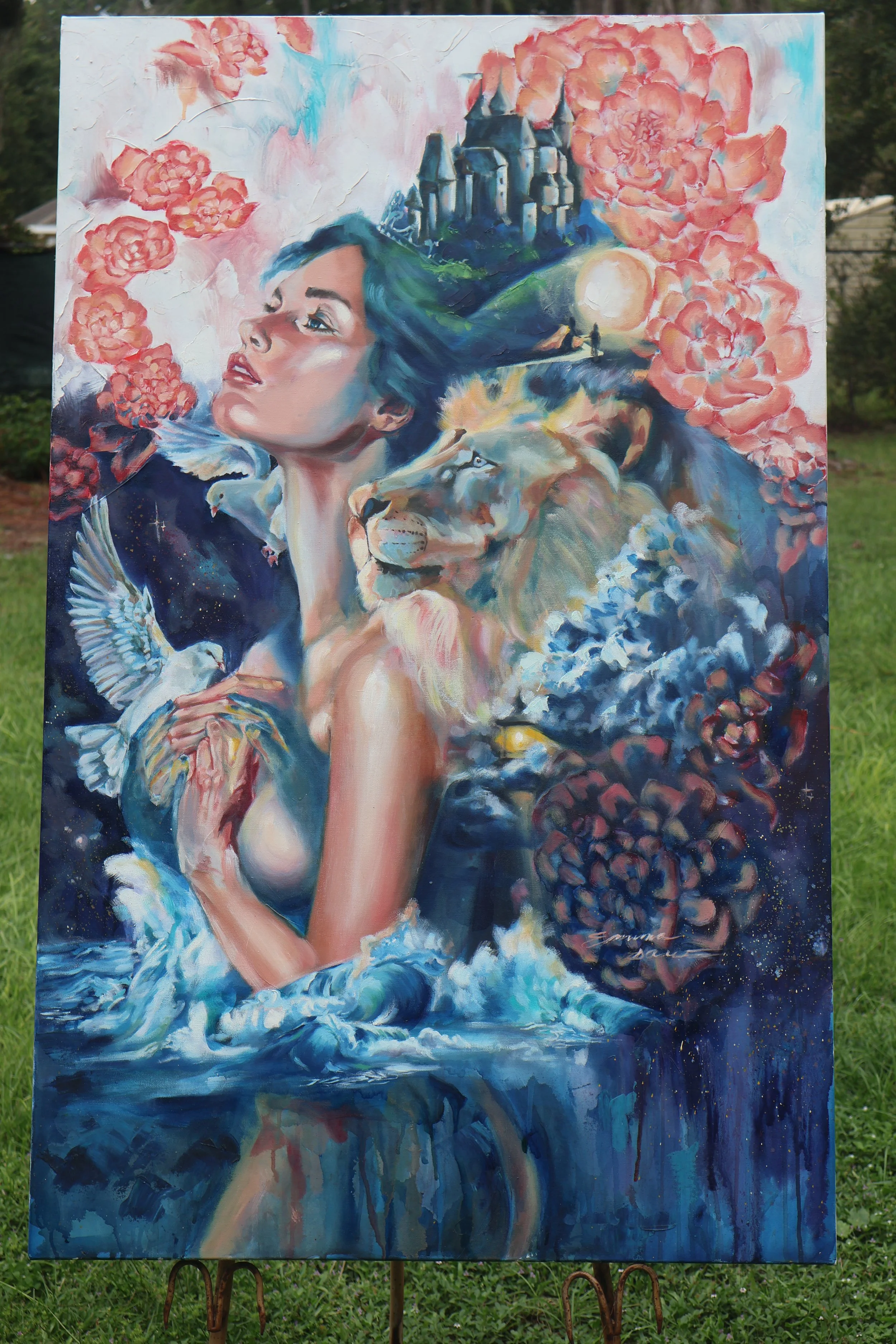 Surreal floral painting of a woman with blue hair, a castle, birds, a tiger, and pink flowers.