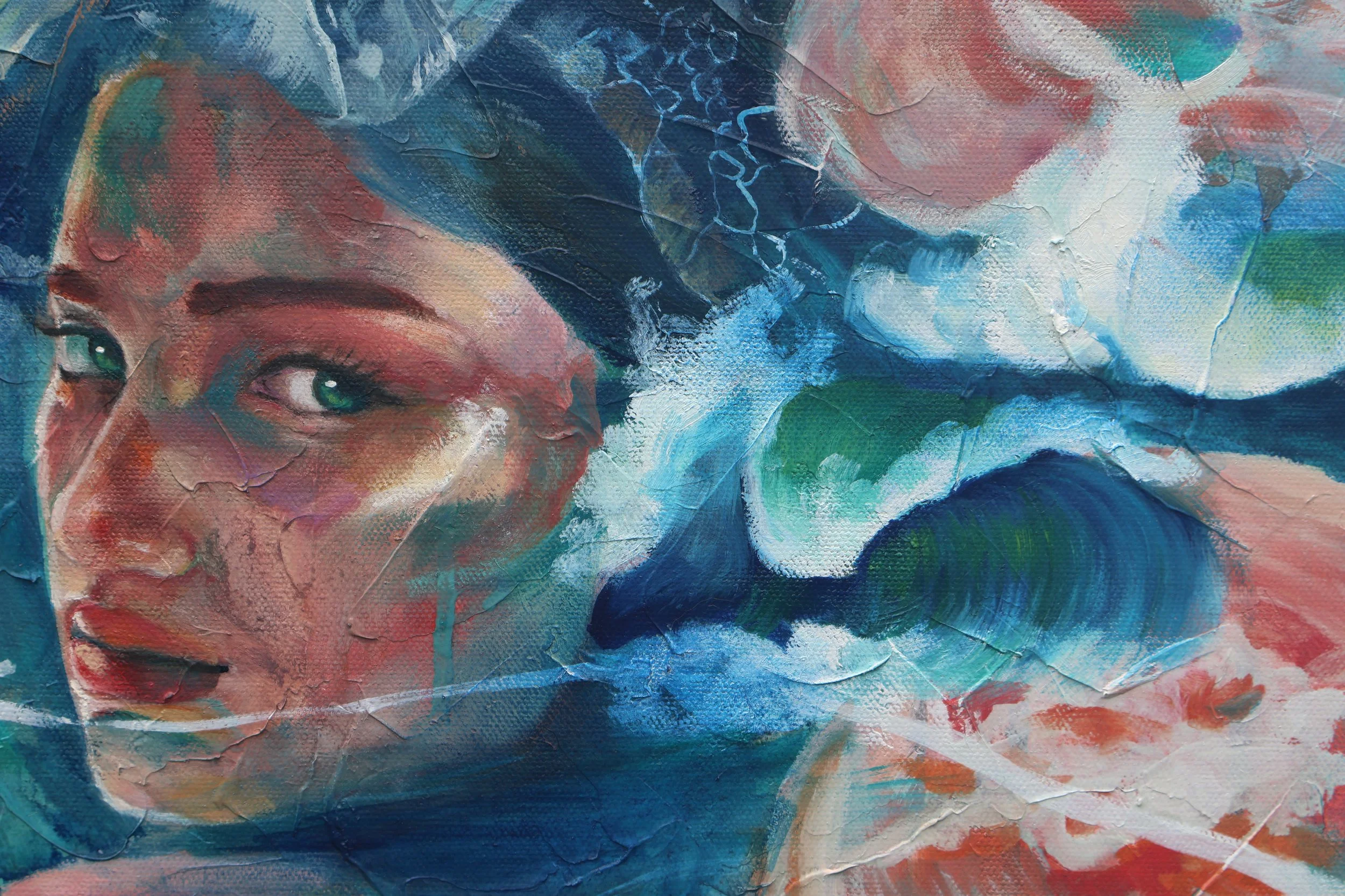 Abstract textured painting of two overlapping faces in blue, teal, red, and white tones