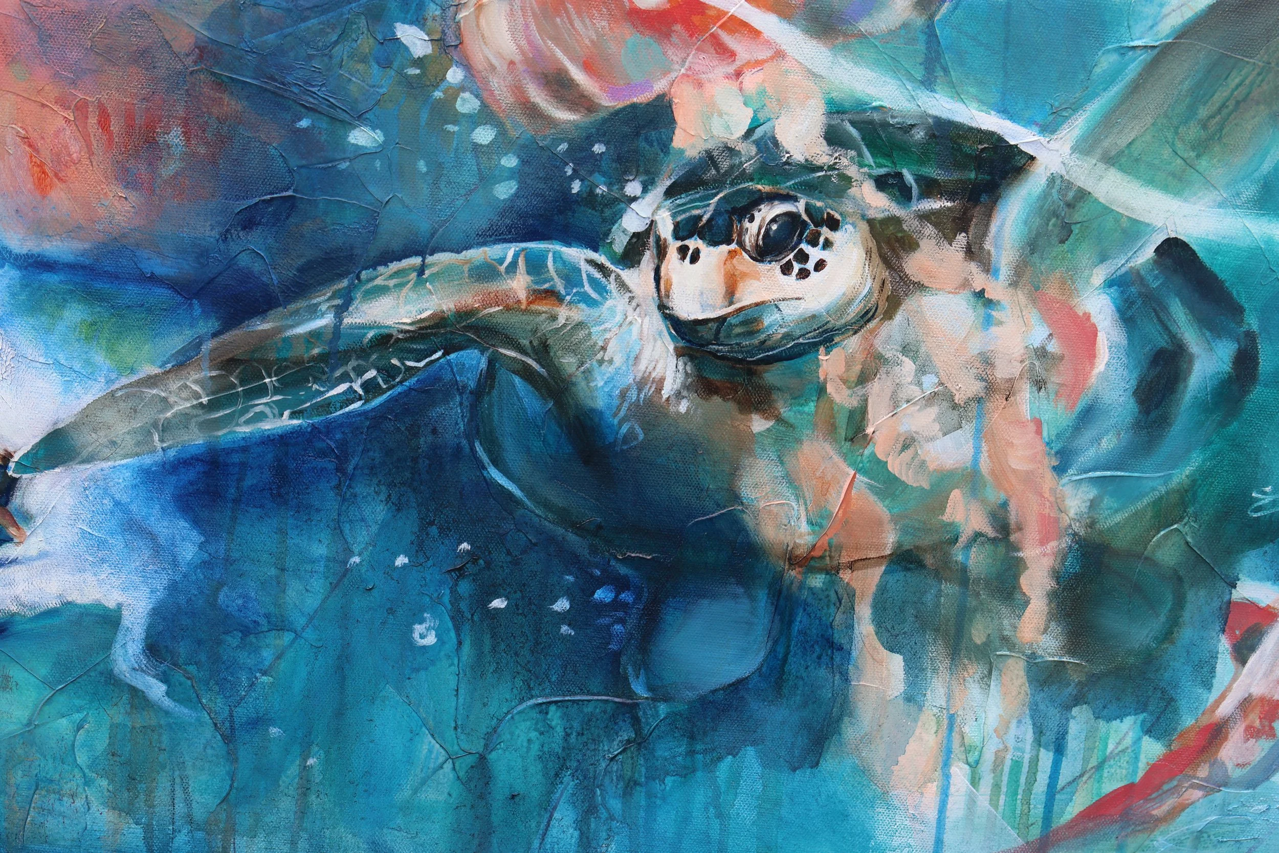 Abstract textured painting of a sea turtle swimming through vibrant blue, teal, coral, and white water