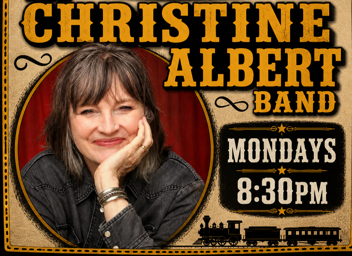 Event poster for a band performance at Donn's Depot in Austin, Texas. The band is the Christine Alert Band, performing Mondays at 8:30 PM. The poster features a photo of a smiling woman with shoulder-length brown hair, wearing a black denim jacket.