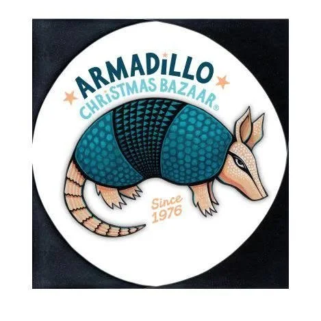 Logo for Armadillo Christmas Bazaar featuring a stylized armadillo inside a white circle, with blue and orange text.