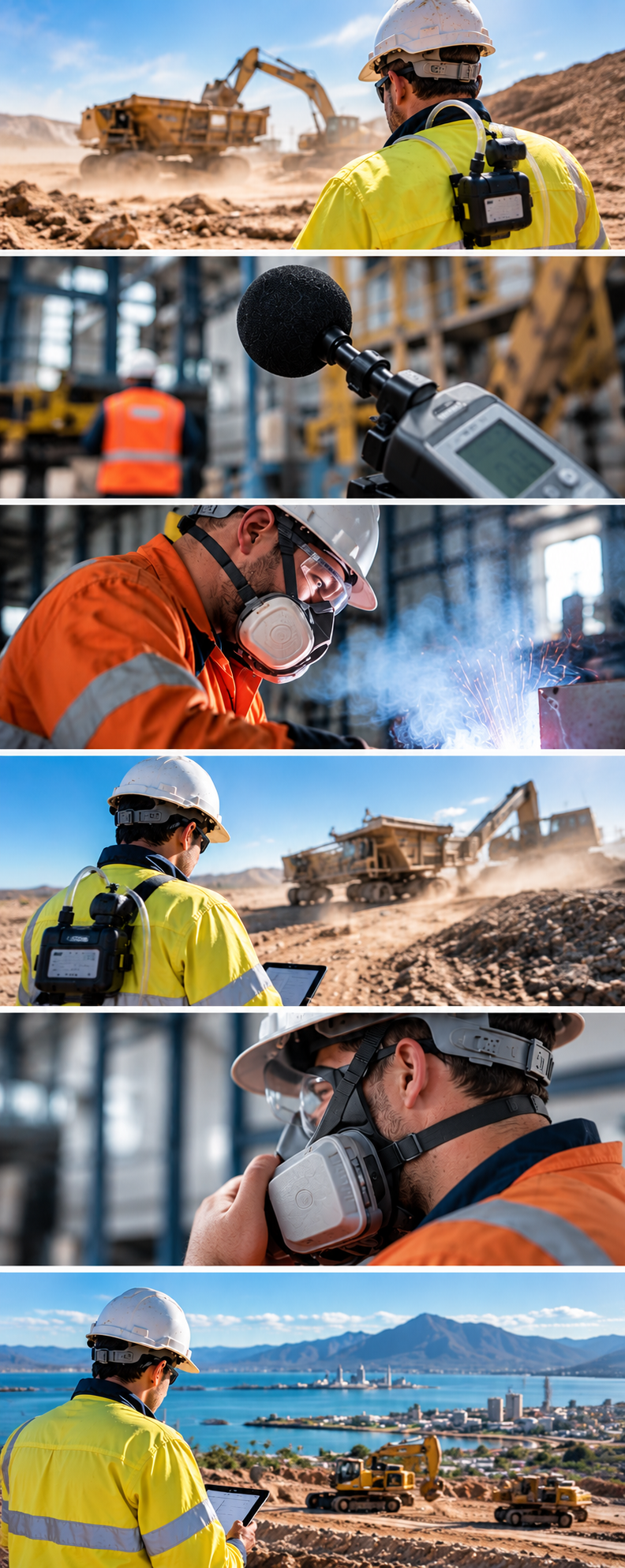 Construction workers and machinery on a construction site, with a scenic harbor and mountains in the background, including excavation equipment, a worker using a tablet, and a worker welding.