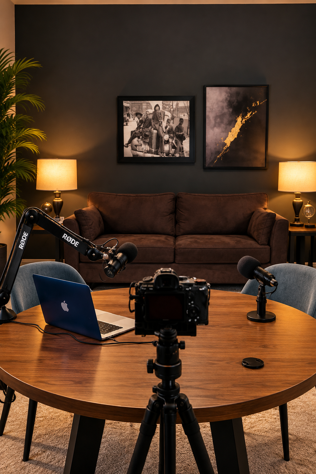 The Part You Missed recording studio with a round wooden table, cameras, microphones, and a comfortable seating area.