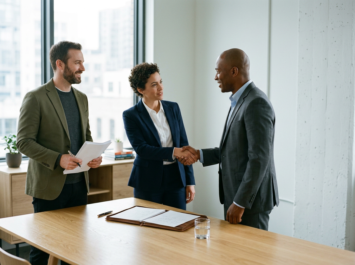 B2B business decision-makers shaking hands across a conference table to finalize a high-value sales agreement.