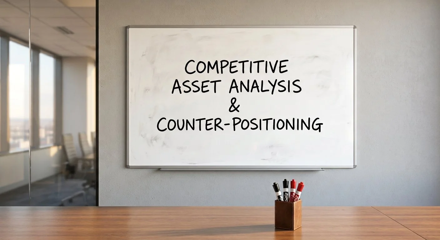 Whiteboard displaying Competitive Asset Analysis & Counter-Positioning title, representing competitor collateral deconstruction and battle-ready counter-asset frameworks for sales acceleration.