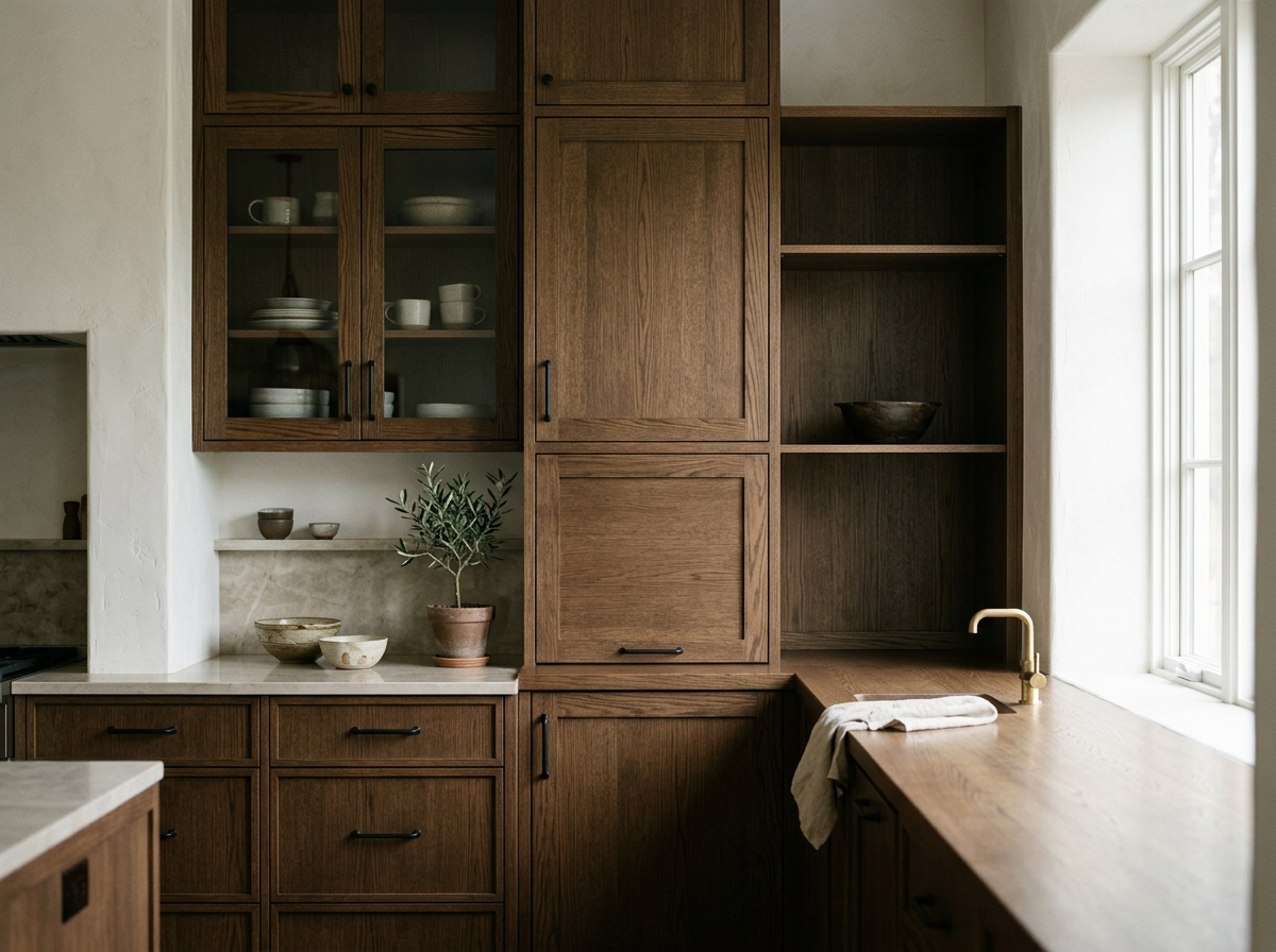 Kitchen with wooden cabinets, some glass-fronted, and open shelves. A potted plant and dishes on the countertop near a window with natural light.