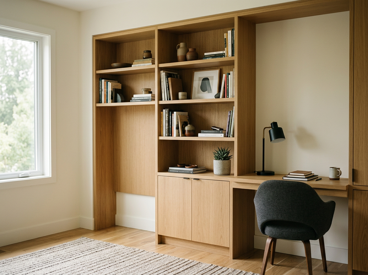 Home office with wooden shelving unit, black desk lamp, potted plant, books, and a gray chair by a window.