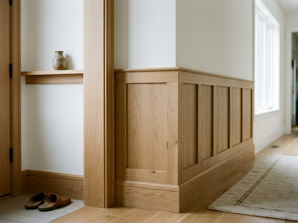 Wooden hallway with a decorative vase on a shelf, a pair of brown slippers on the floor, and a window with white trim
