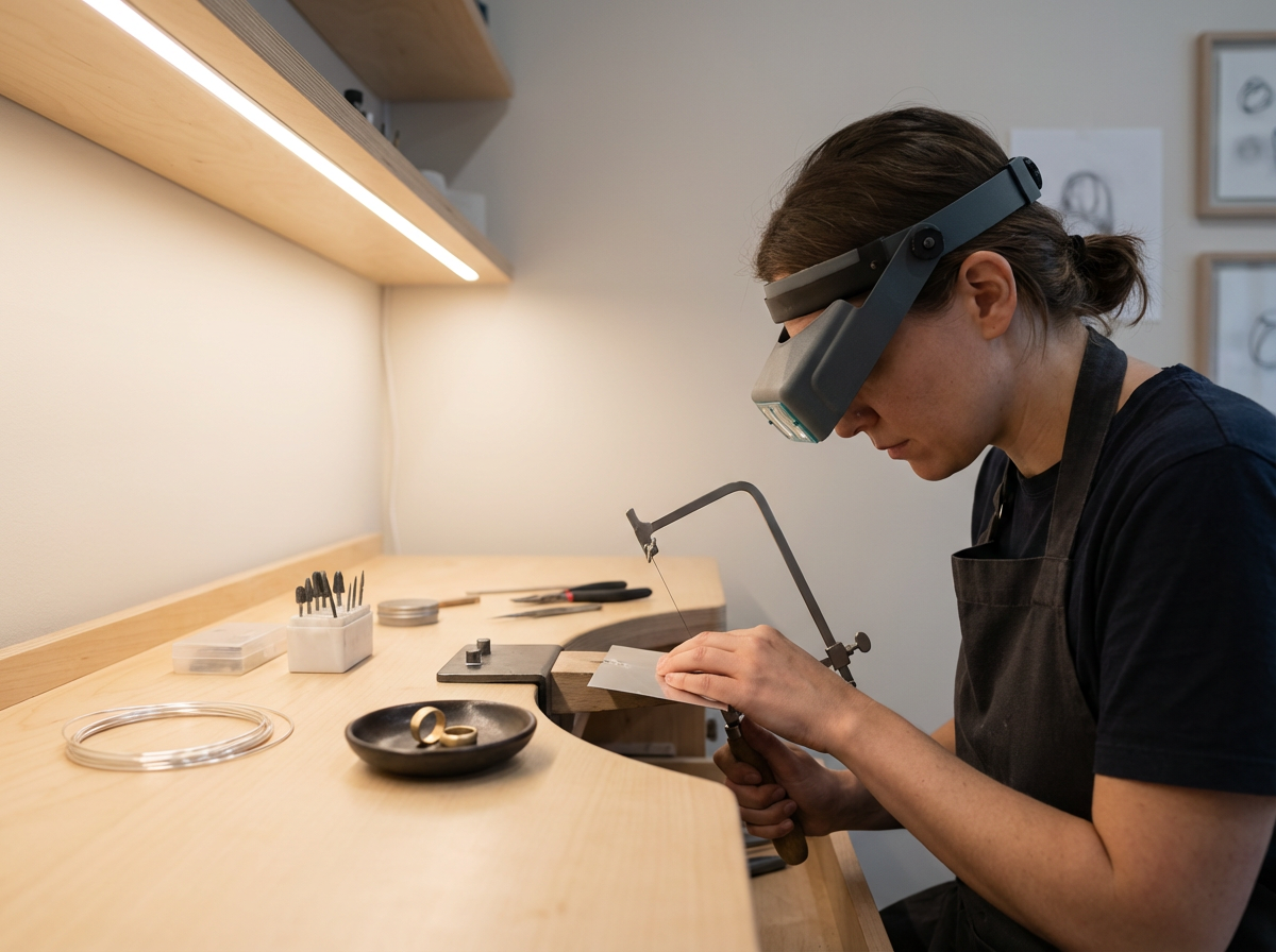 A woman in a black shirt and apron, wearing magnifying glasses, is working at a wooden workbench with jewelry tools. She appears to be crafting or repairing a piece of jewelry.