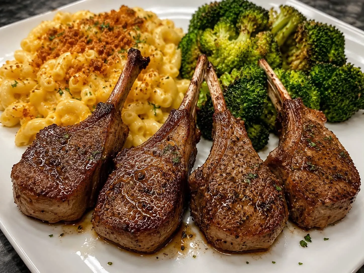 Four grilled lamb chops served with macaroni and cheese topped with breadcrumbs and chopped parsley, and steamed broccoli florets.