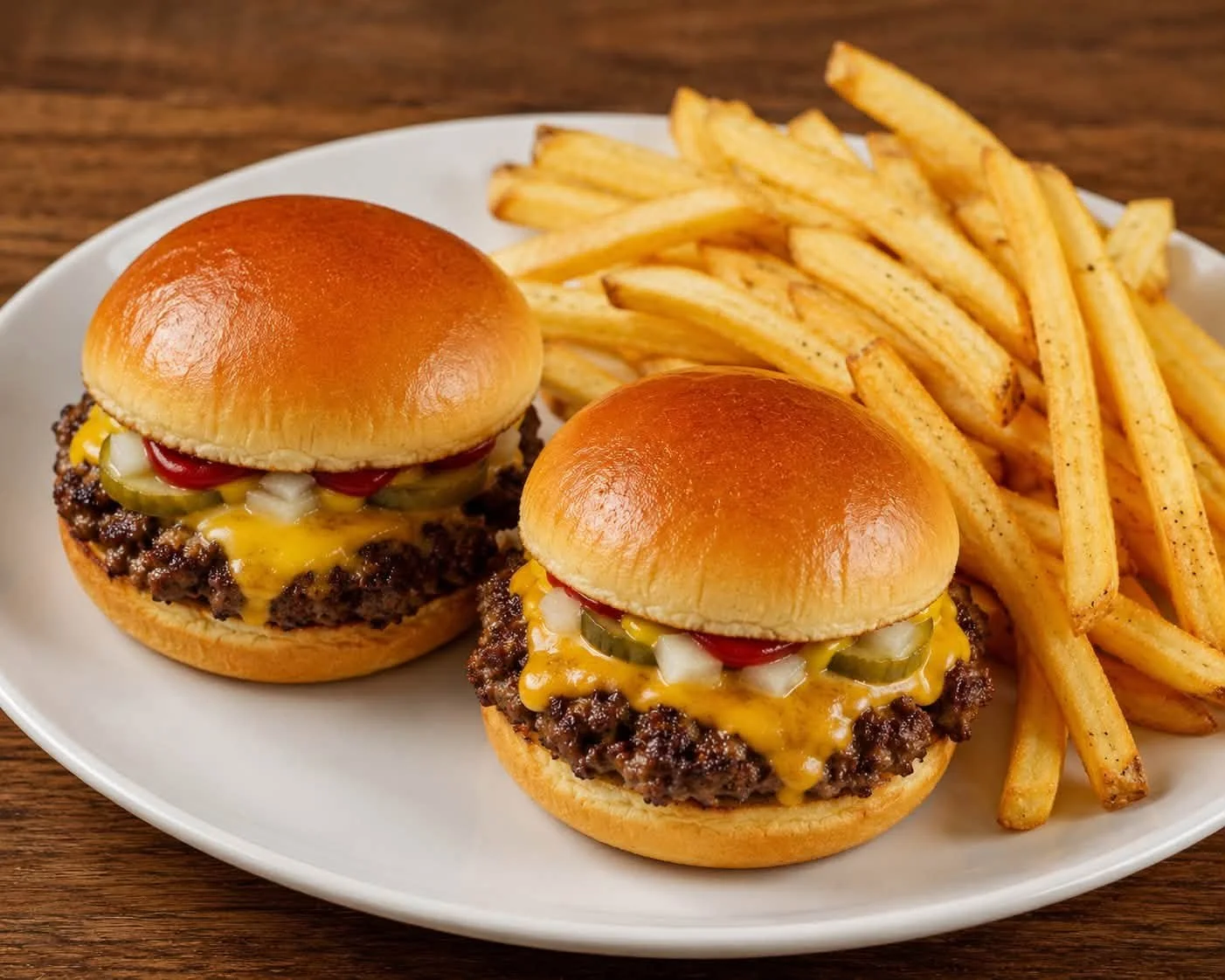 Two cheeseburgers with pickles, onions, ketchup, and mustard served with French fries on a white plate.