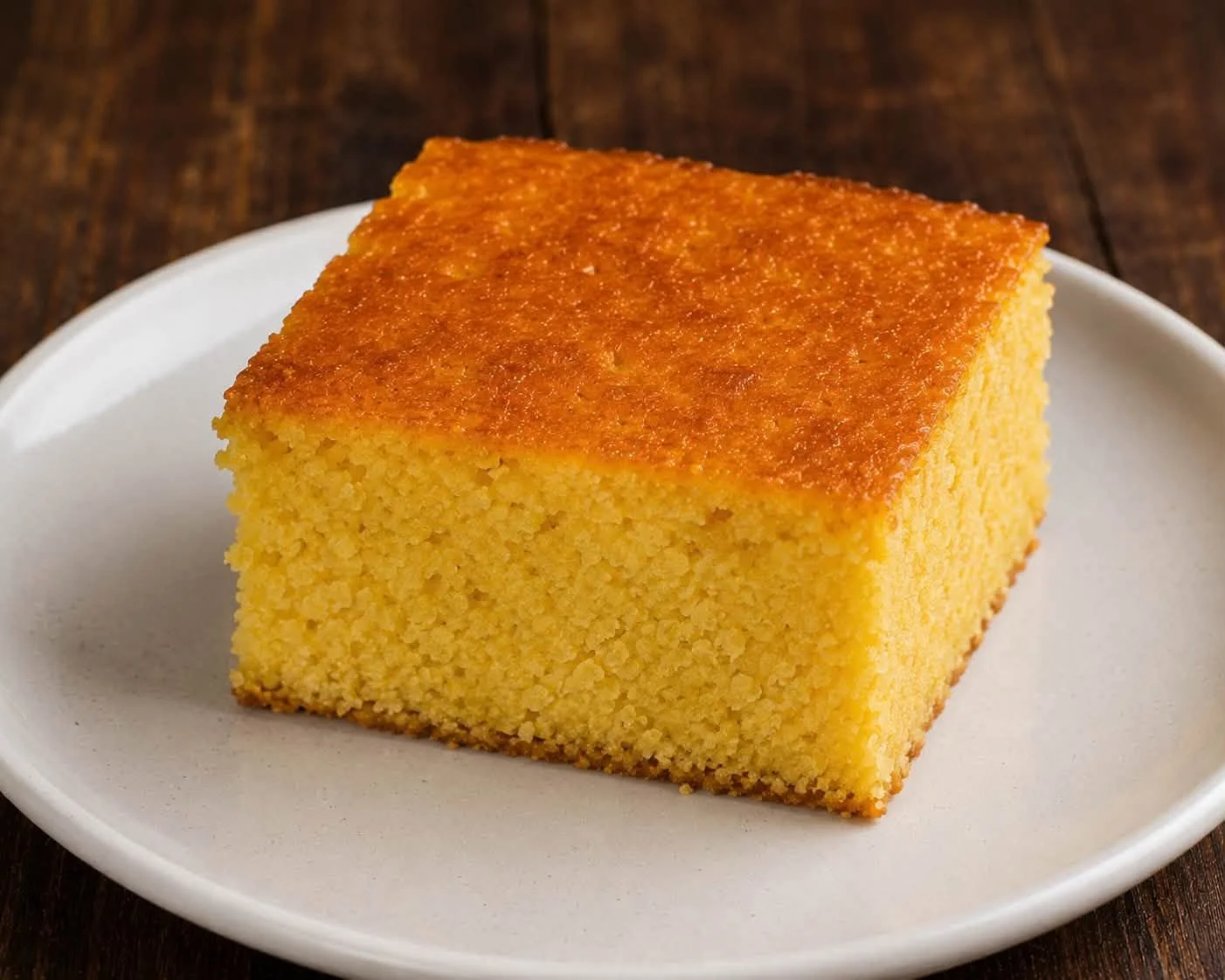A square piece of yellow cornbread on a white plate with a wooden table background.