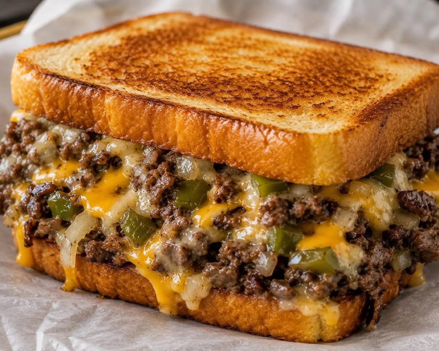 Close-up of a cheeseburger with toasted bread, melted cheese, cooked ground beef, onions, and green peppers.