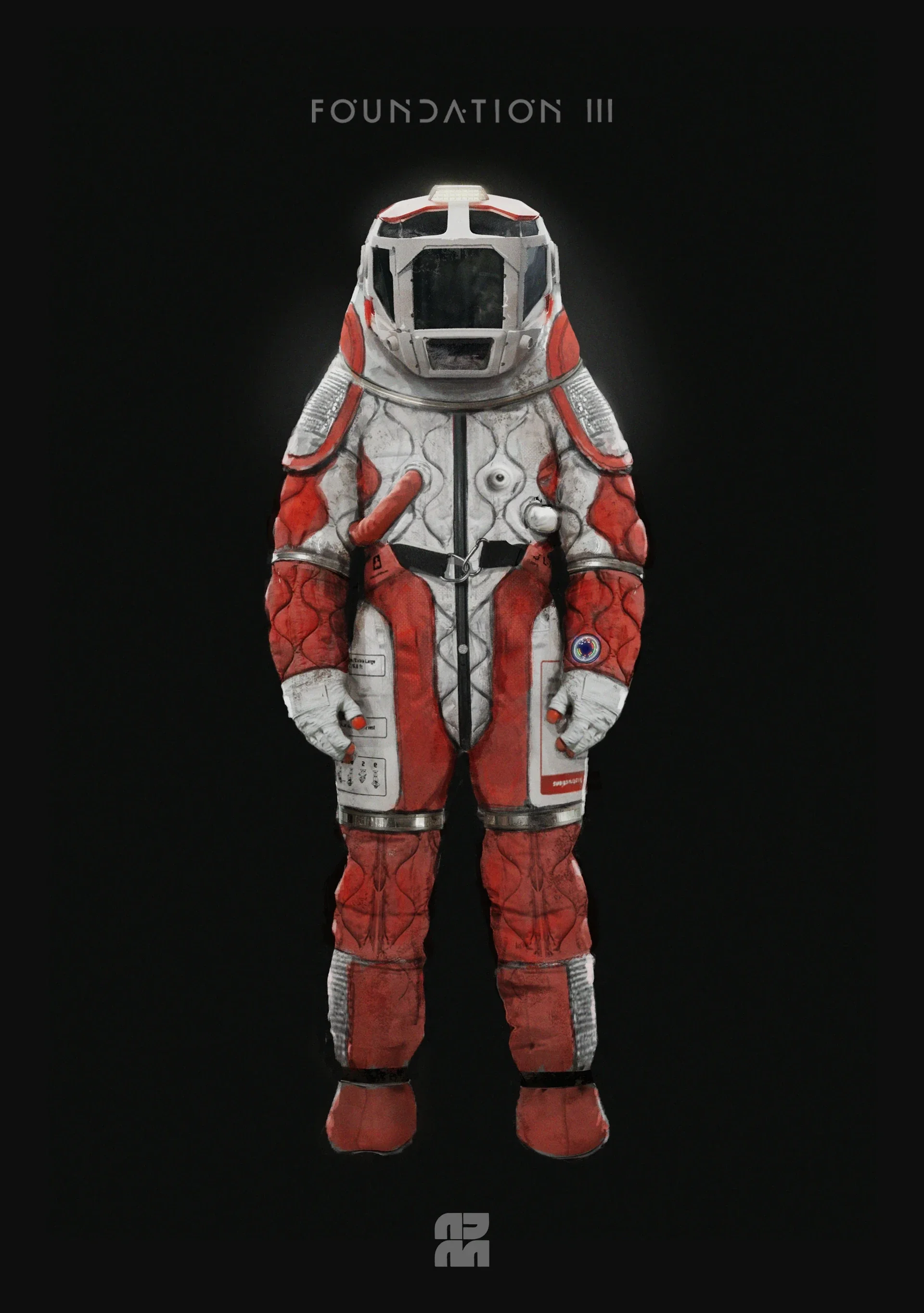 Astronaut suit with a helmet, red and white colors, standing against a black background with 'FOUNDATION III' text above and '23' at the bottom.