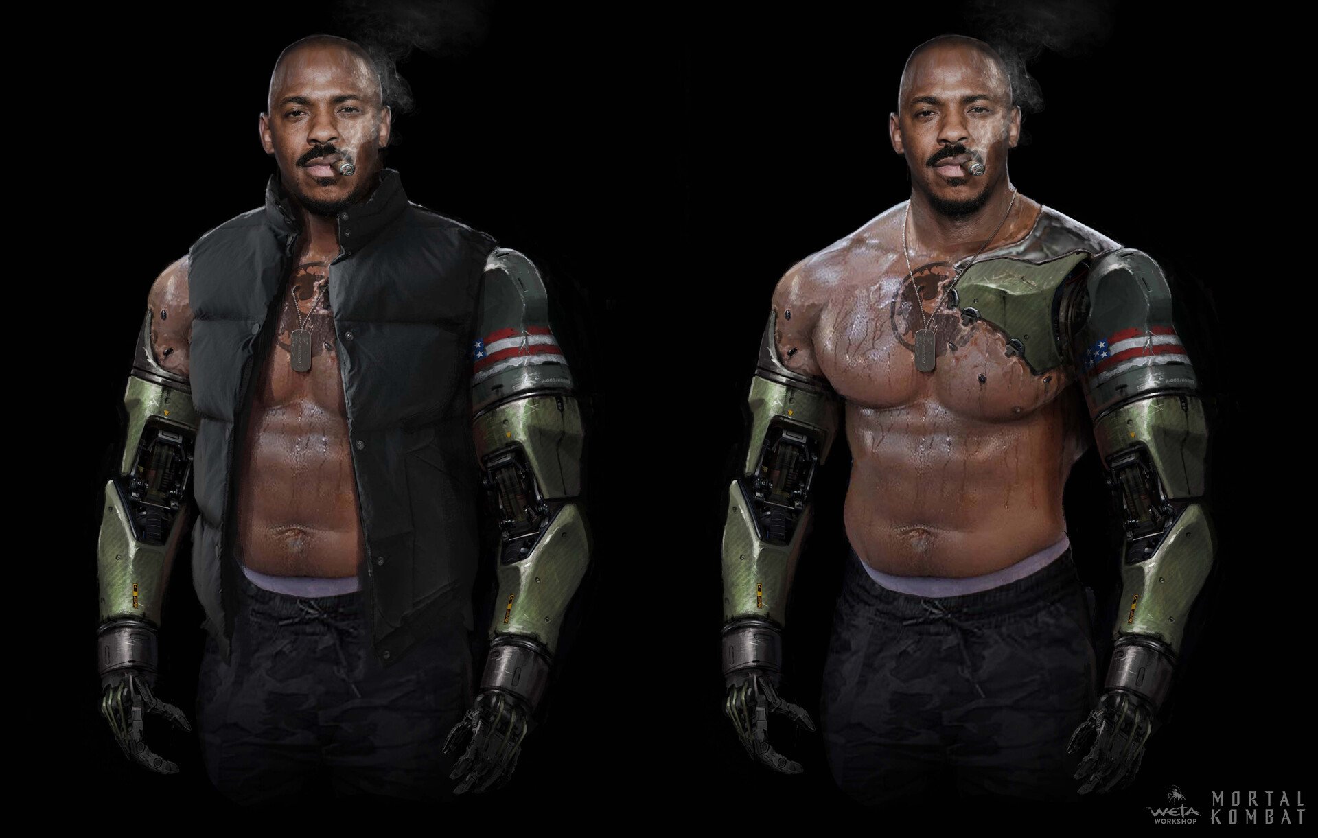 A muscular man with cybernetic arms, smoking a cigar, wearing a dog tag, with a tattoo on his chest. Left side of the image shows him in a black vest with a sleeve tattoo and American flag patch, while the right side shows him shirtless with visible 