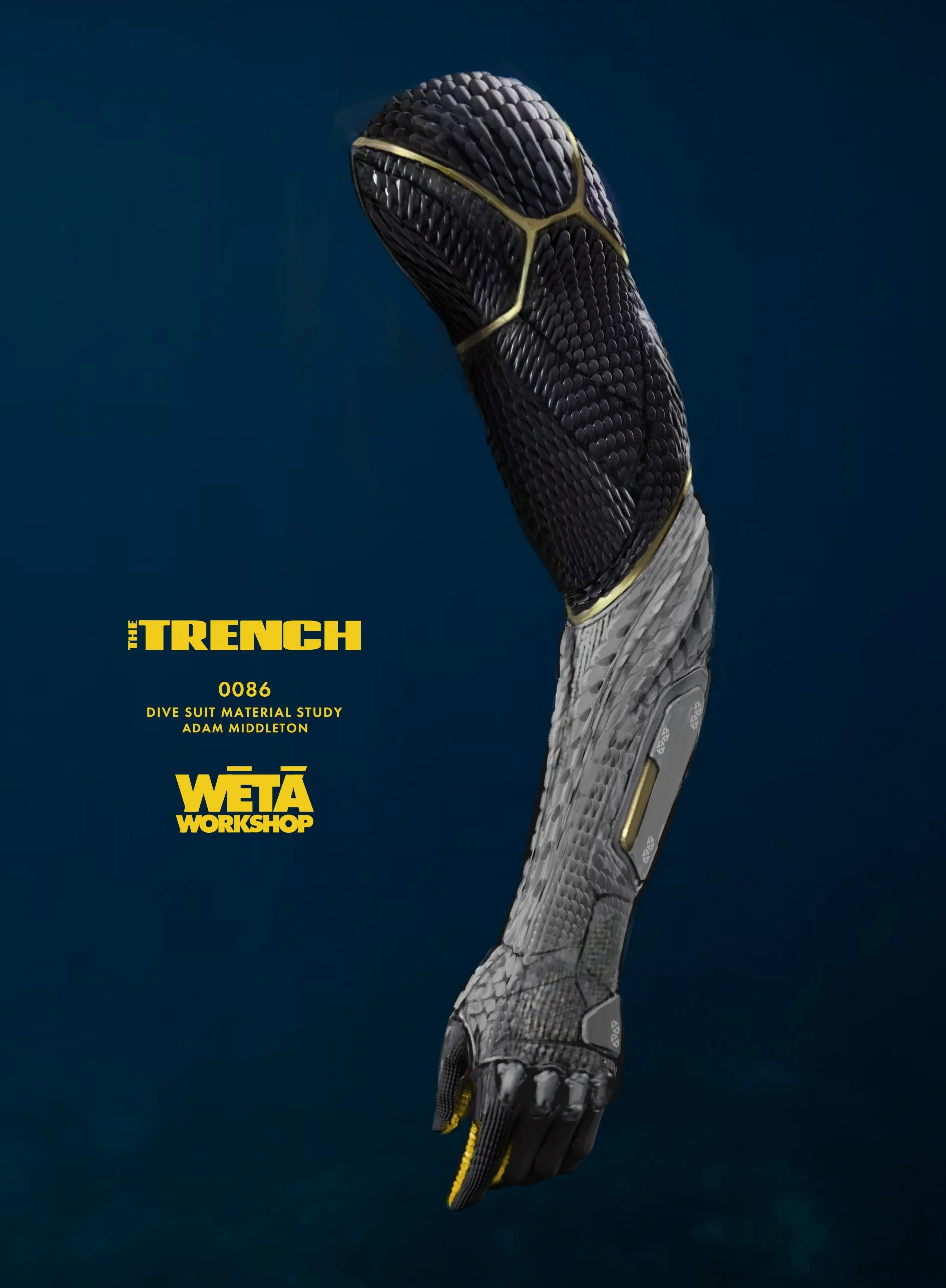 A wetsuit material study poster featuring a close-up of a specialized black and gray diving glove with yellow accents, set against a dark background, with text including "The Trench," "Weta Workshop," and details about the study by Adam Middleton.