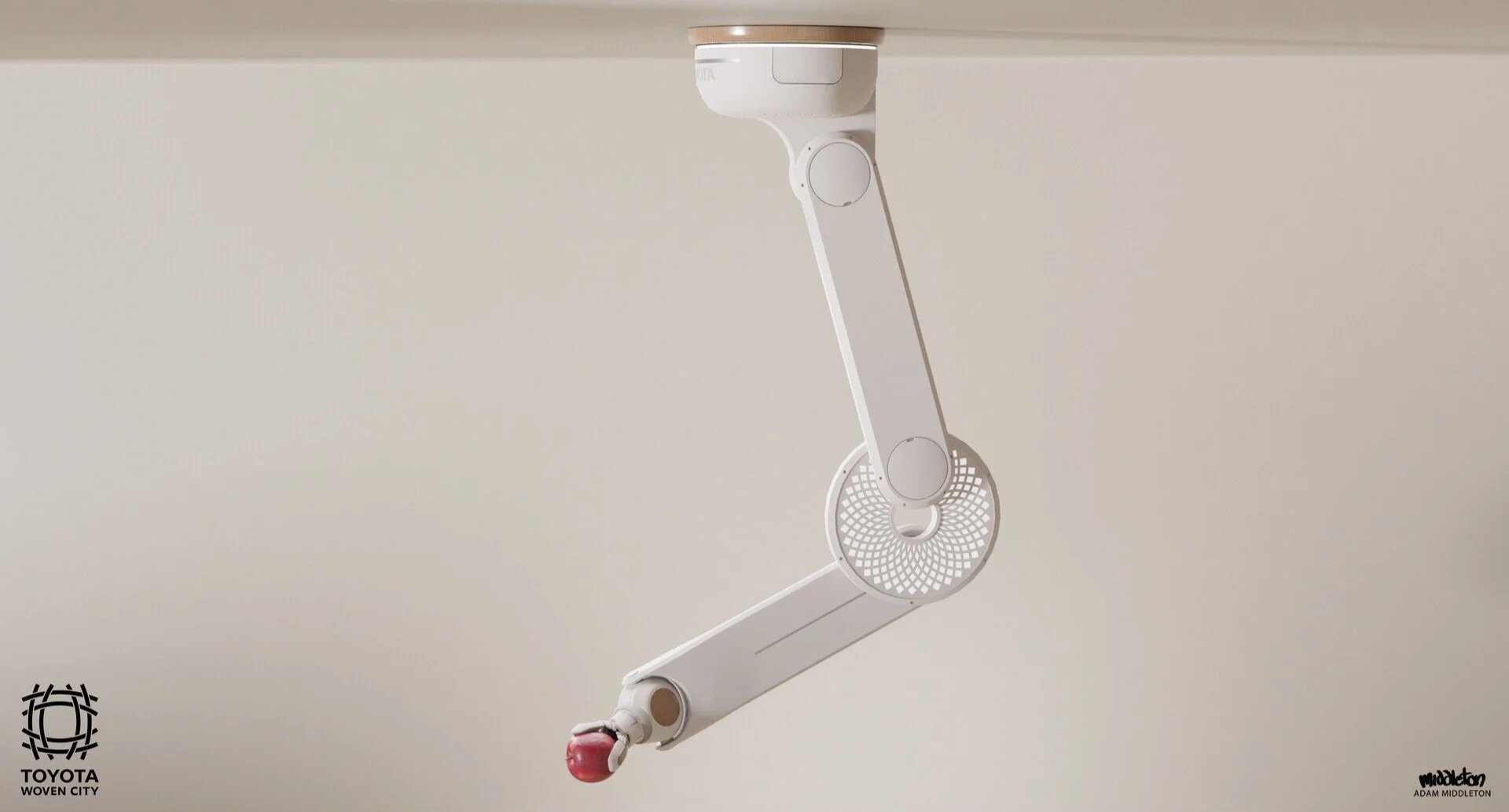Modern white surgical or industrial robotic arm with a red spherical end, positioned upward against a plain background.