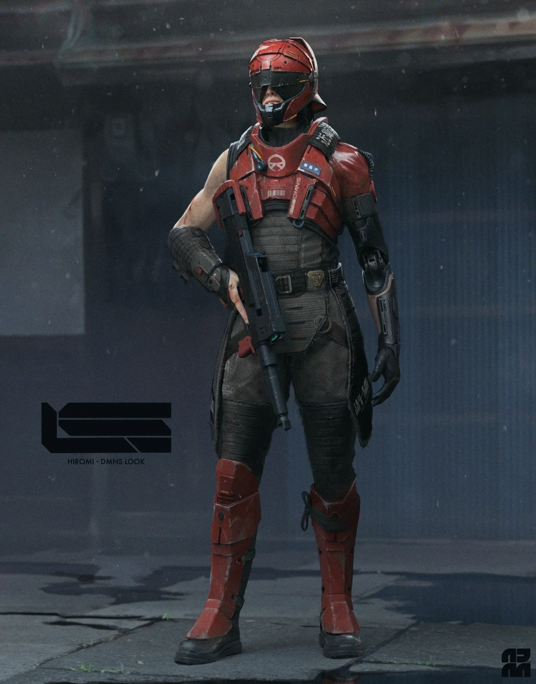 Last Senintel. Hiromi. Lightspeed LA. A person wearing futuristic red armor, including a helmet with a visor, standing on a dark concrete surface, with a dark background.