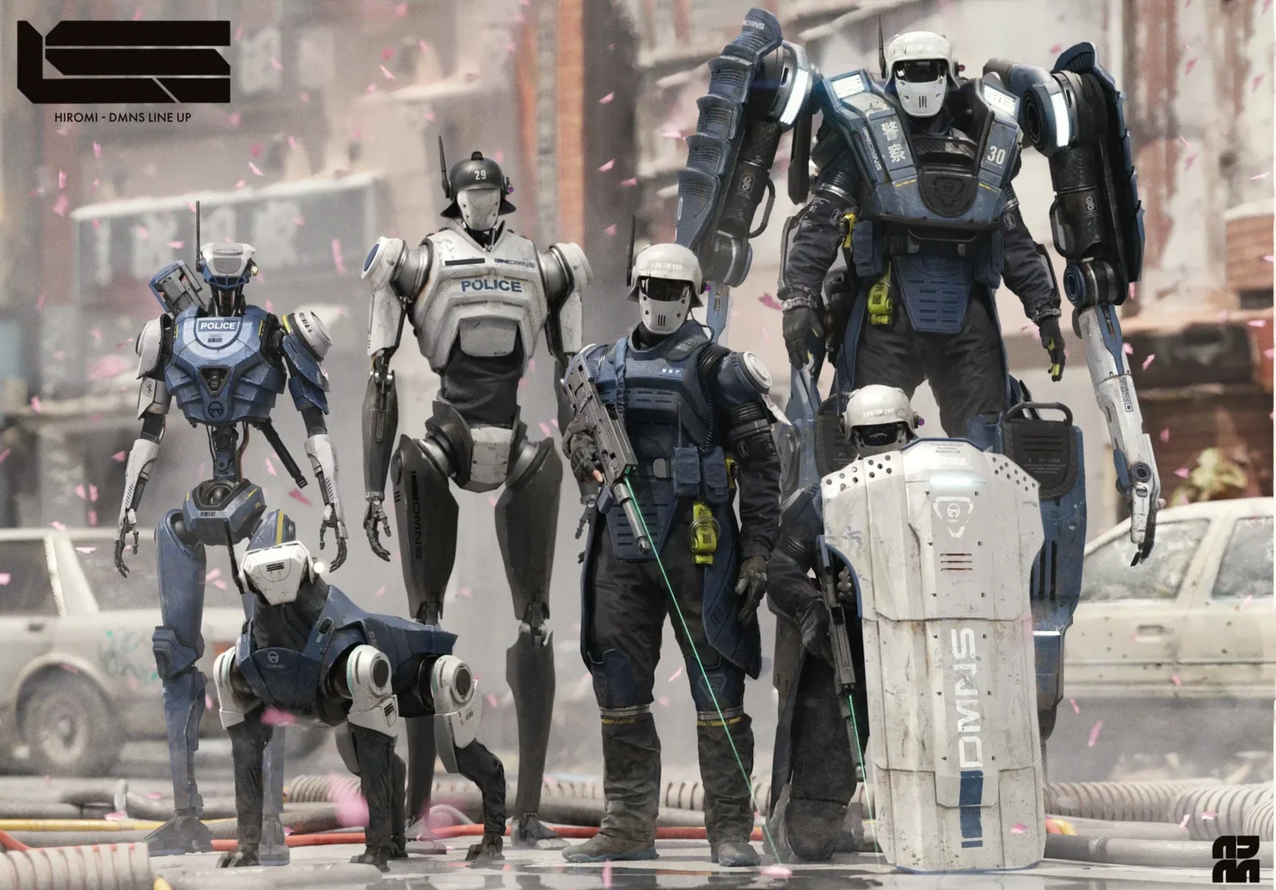 Group of five robots and three humans standing on a street with damaged buildings in background. The robots are humanoid, wearing police uniforms, and the humans are in black tactical gear. One robot has a large, armored appearance.