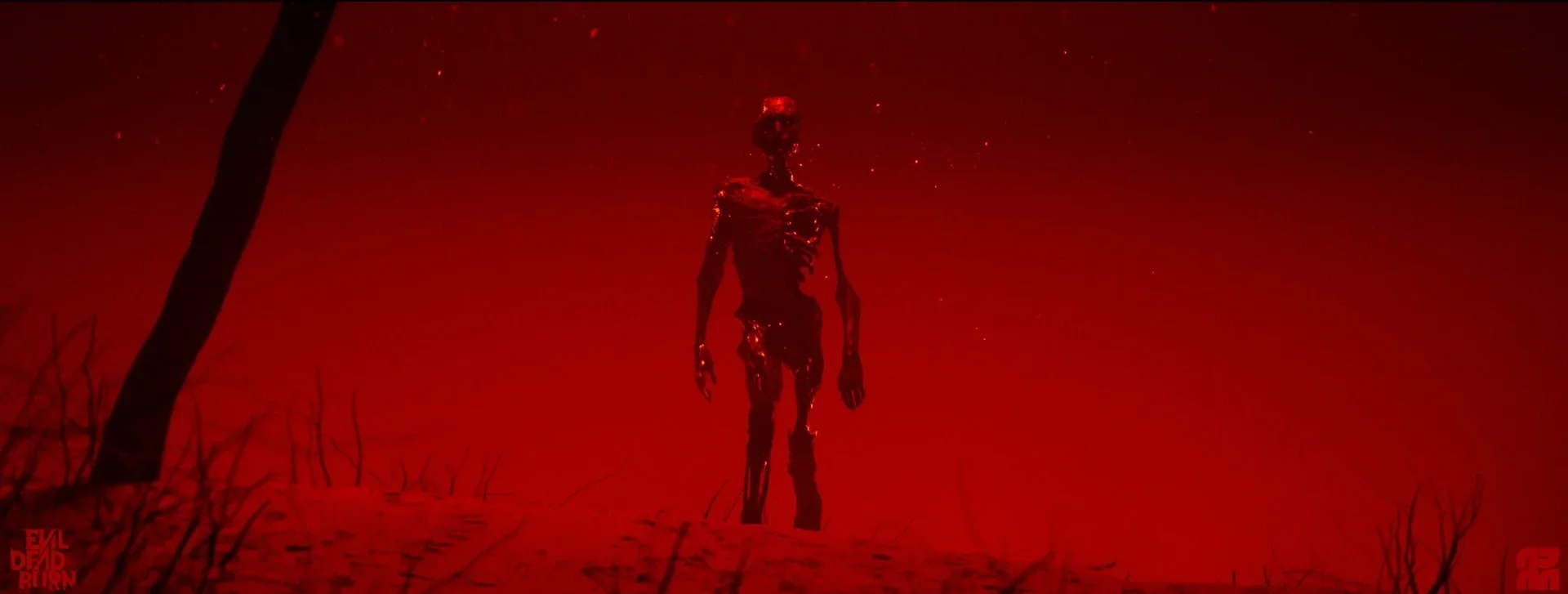 A dark, humanoid figure with a skeletal appearance stands in a barren, red landscape under a starry sky. The scene has an ominous, eerie atmosphere. Evil Dead Burn.