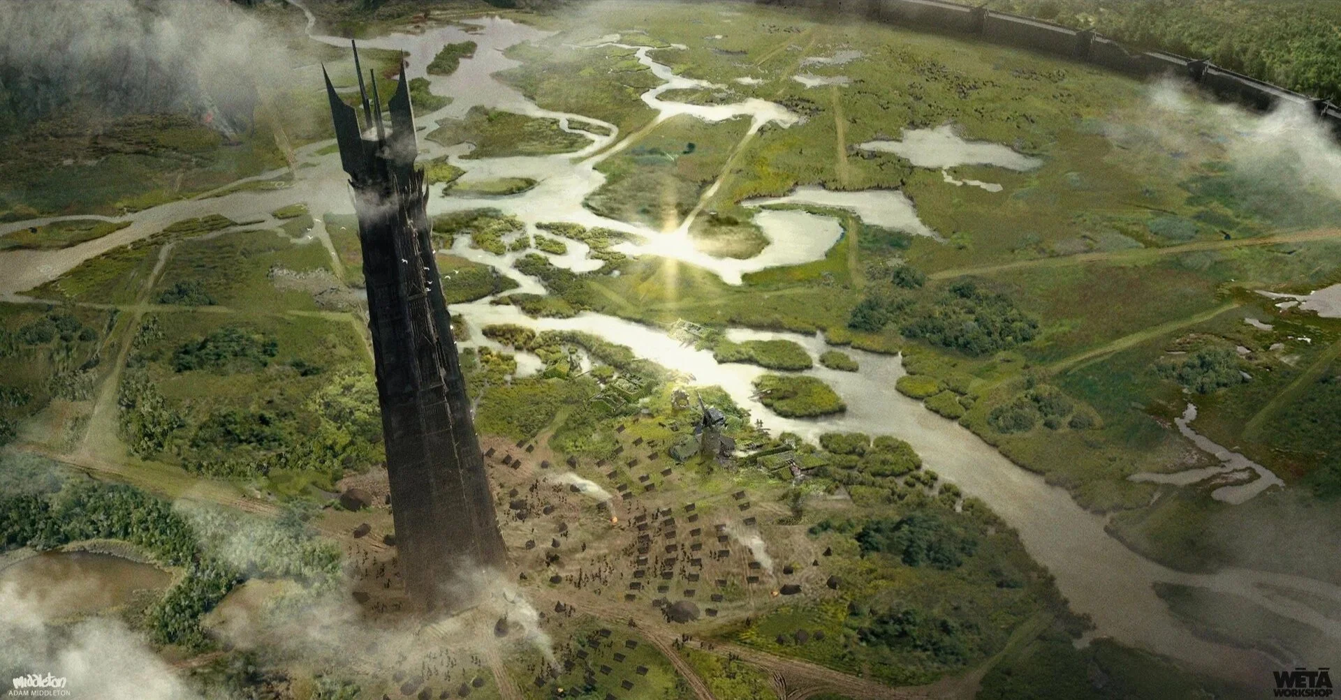 A large black building resembling a skyscraper is in the center, surrounded by lakes, wetlands, greenery, and small farms. Smoke is rising from the building's base and near the top on the right side. Orthanc. Lord of the rings: War of the Rohirrim. I