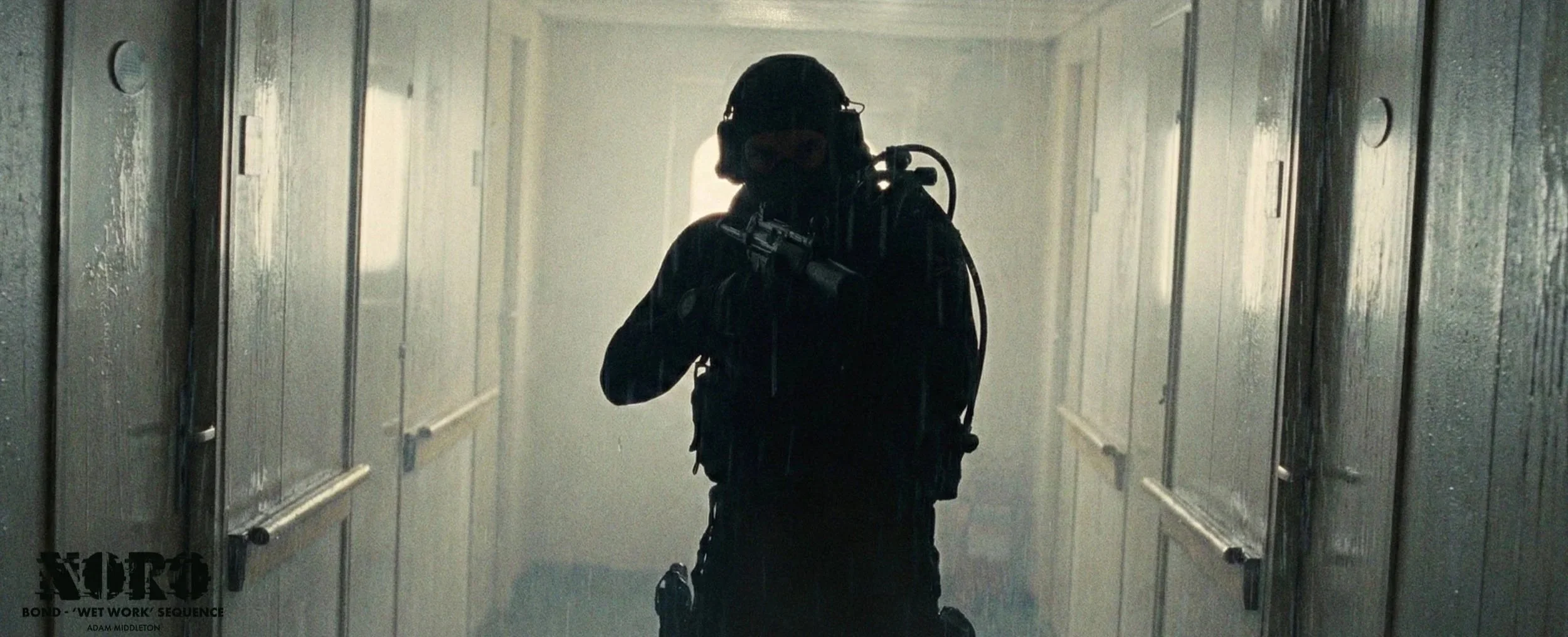  silhouette of a soldier in tactical gear walking down a hallway with lockers, holding a rifle, with a cloudy window at the end of the hallway