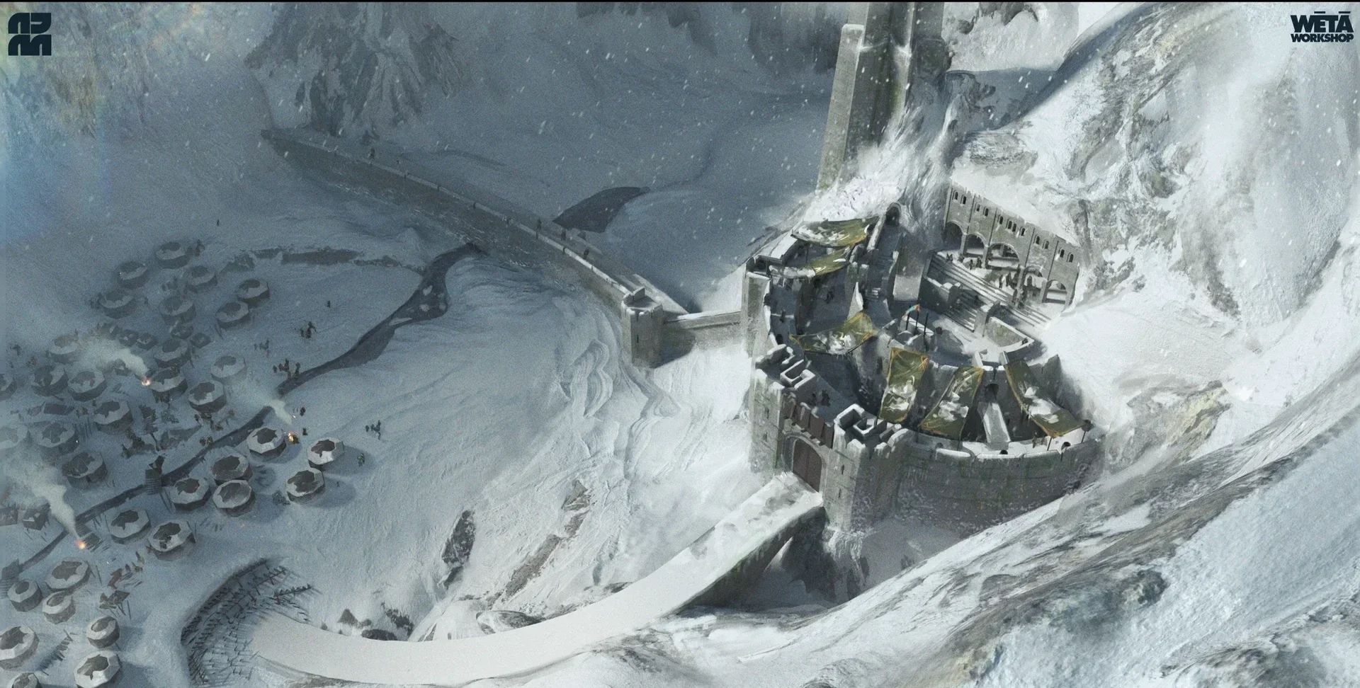 A snow-covered fortress with a large gate, surrounded by a wall and a series of small tents or huts, situated in a mountainous area with snow on the slopes.
