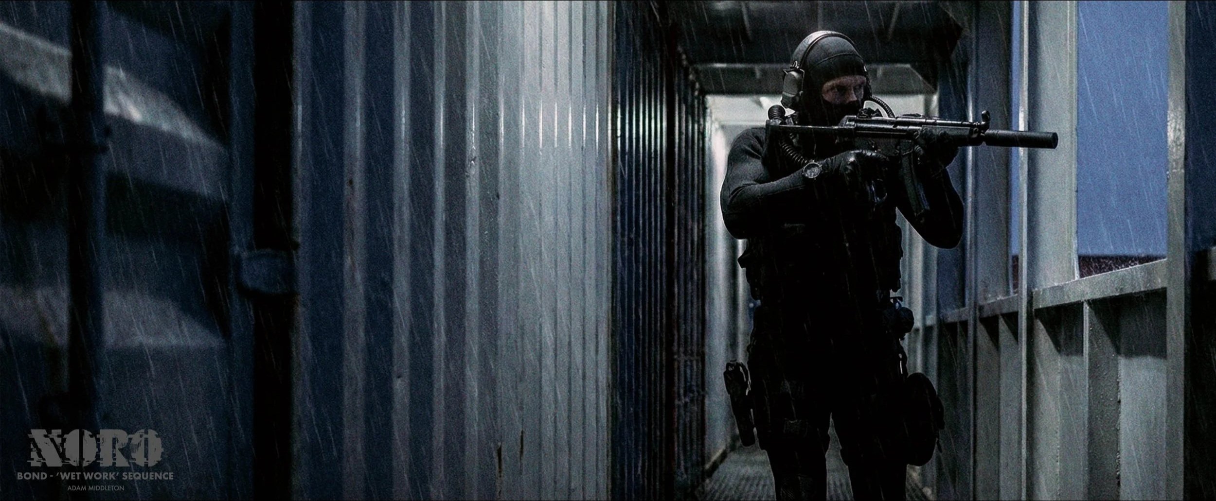 A masked soldier in tactical gear holding a rifle, walking through a rainy alleyway at night with metal walls on either side.