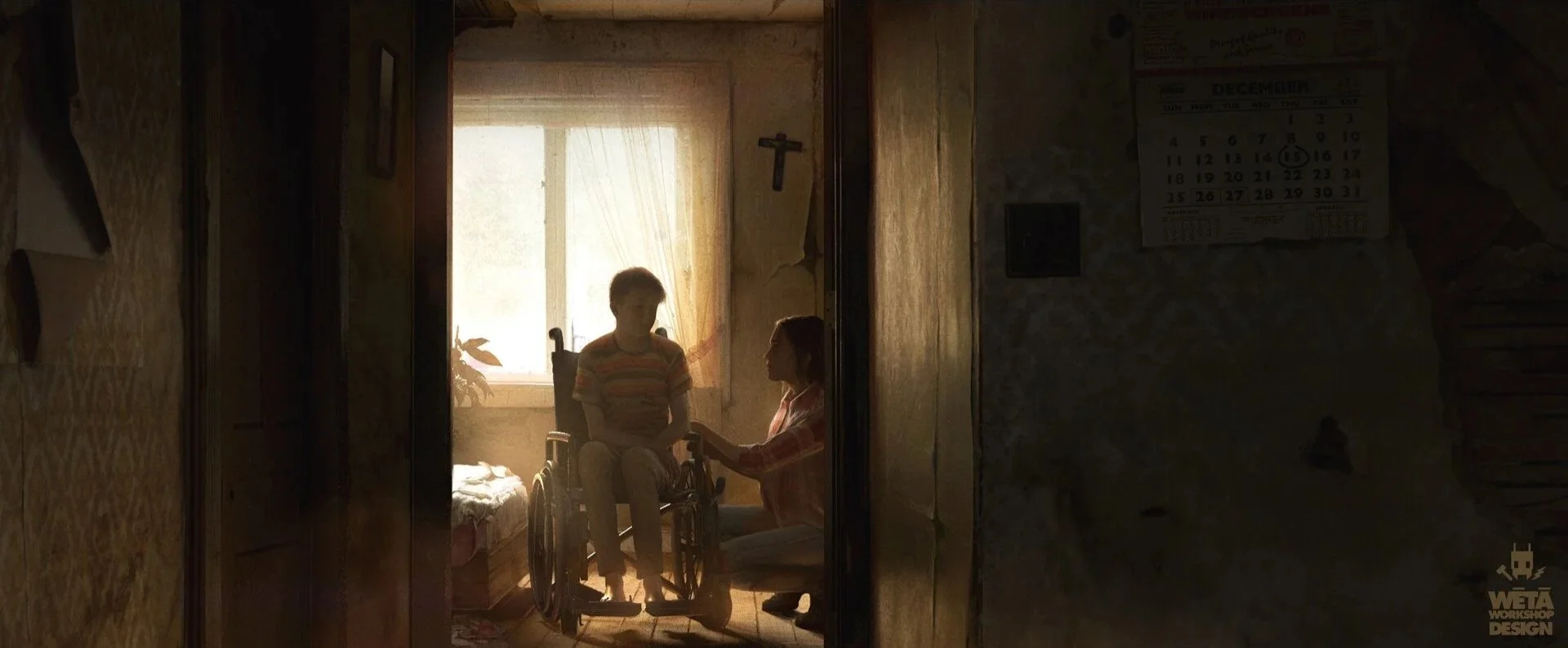 A woman kneels on the floor, holding the hands of a young boy sitting in a wheelchair next to a window in a modest, dimly-lit room with worn walls and a wall clock. A cross hangs on the wall, and a calendar is visible on the right.