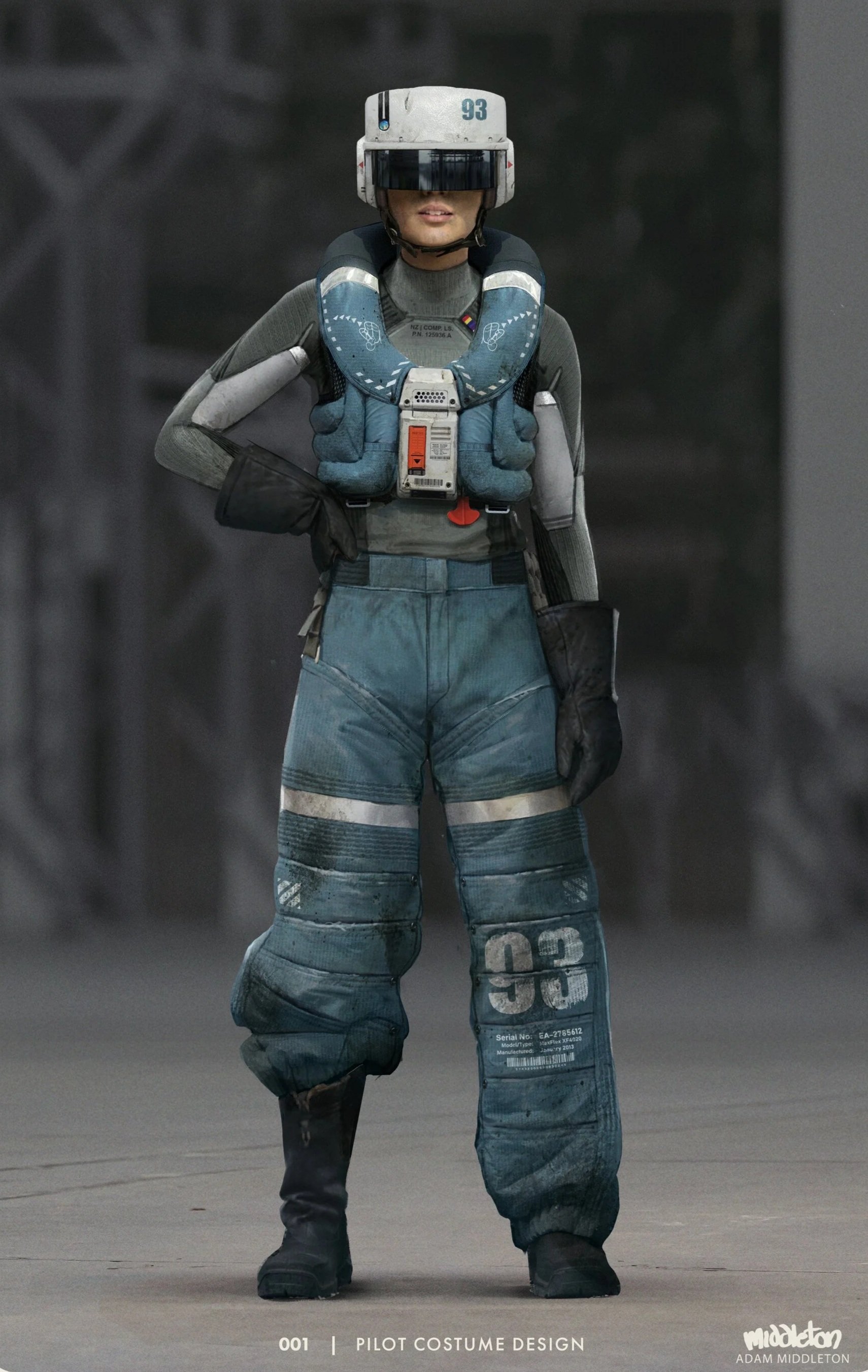 A character in a futuristic pilot costume with a helmet, gray long-sleeve shirt, mechanical-looking gloves, and fatigues with the number 93, standing on a dark, industrial background.