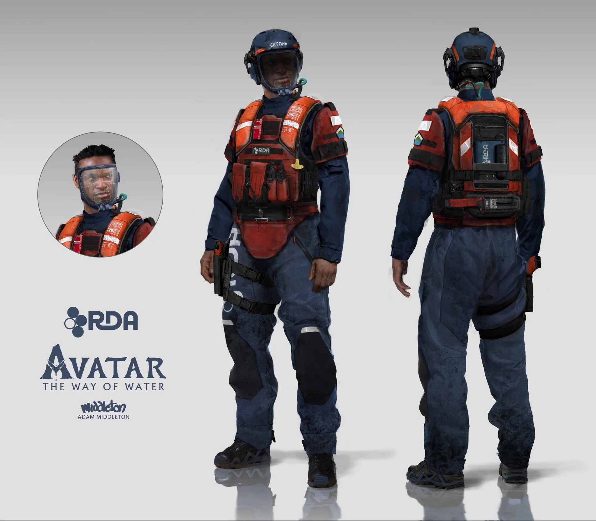 Image showing two rescue workers in dark blue and orange uniforms with helmets and safety vests, viewed from the front and back, with logos for RDA and Avatar on the background.