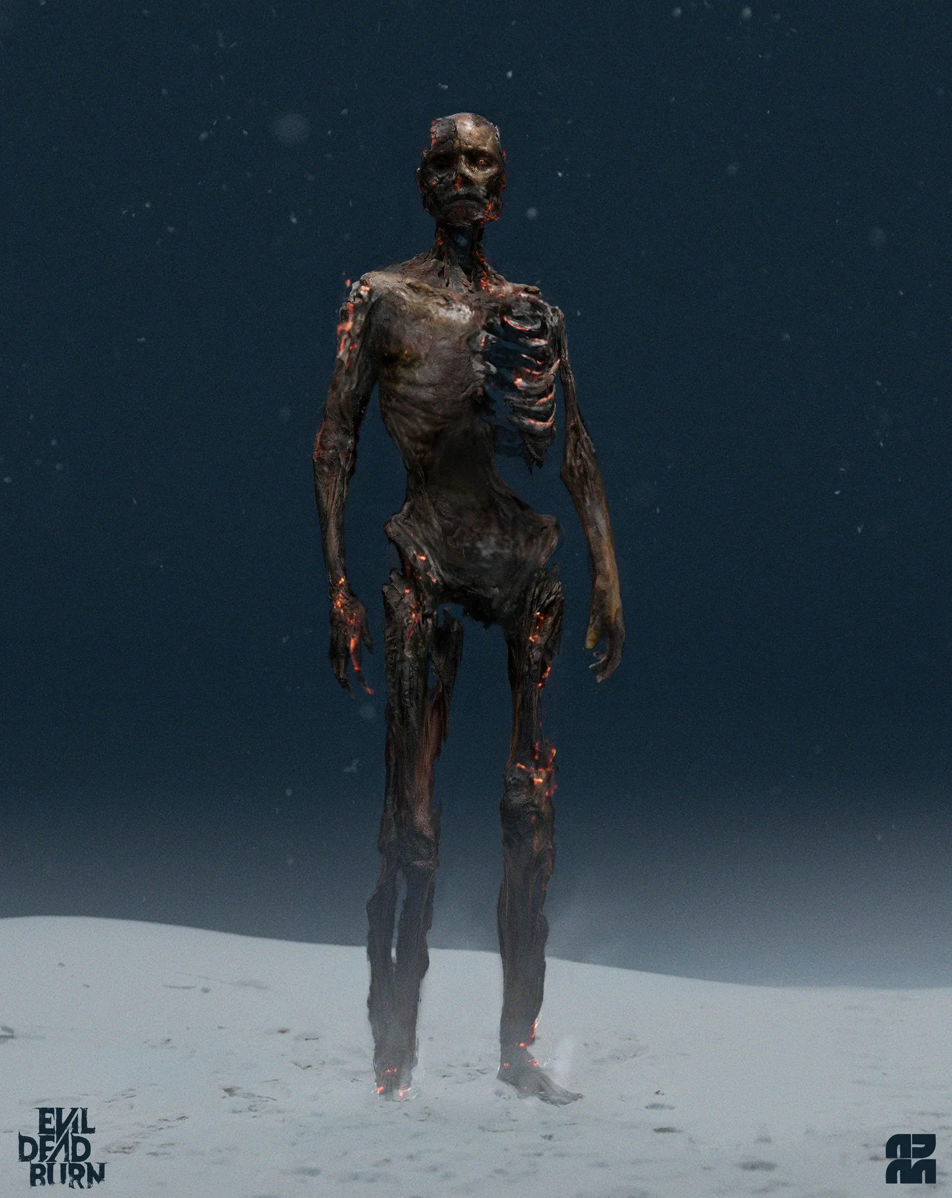 A tall, thin, humanoid creature with dark, charred-looking skin and glowing red accents stands on a barren, foggy landscape beneath a dark sky.