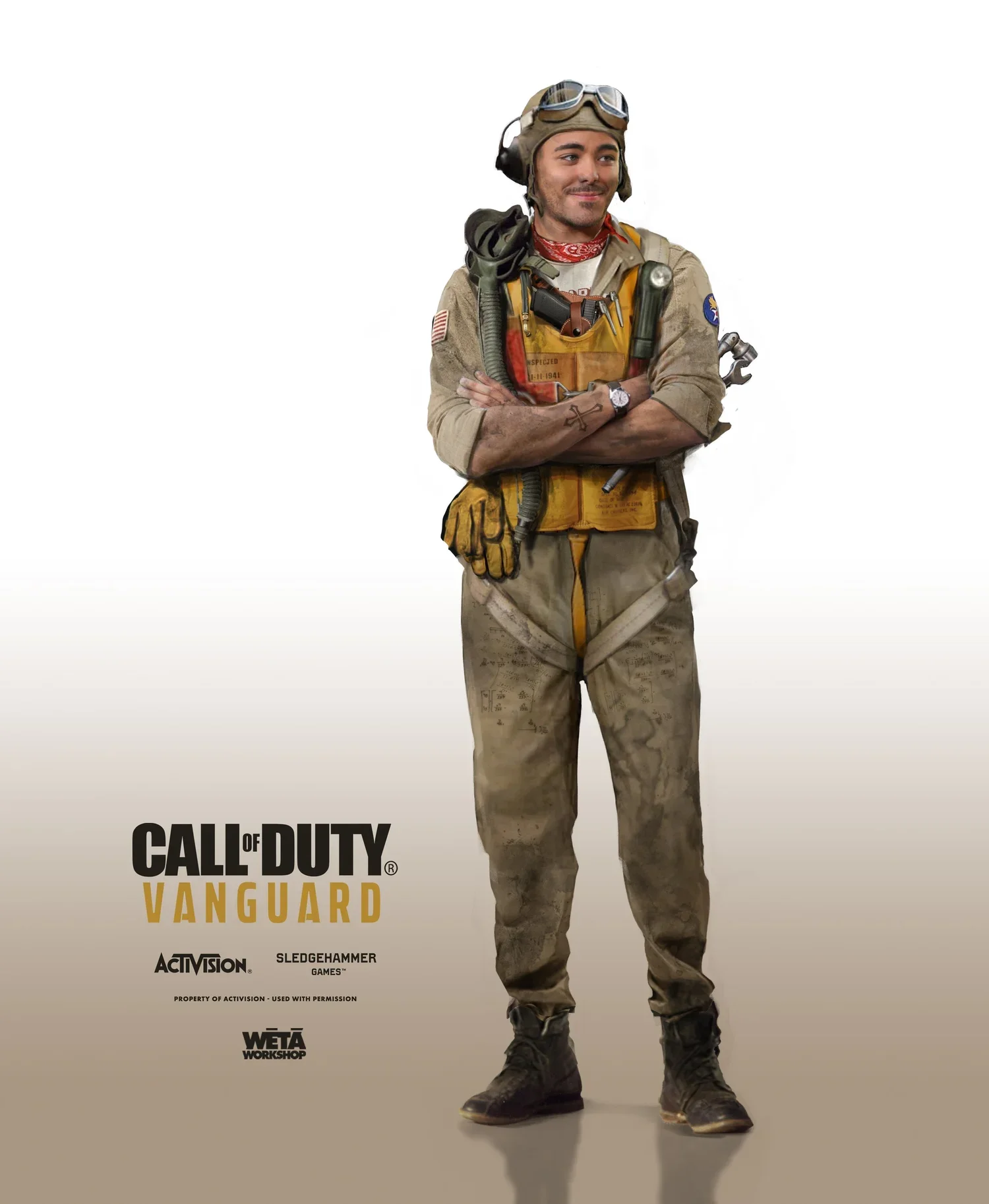 Poster featuring a male soldier in combat gear with arms crossed, smiling, and standing against a white background. Includes text for "Call of Duty: Vanguard" and logos for Activision, Sledgehammer Games, and WetA Workshop.