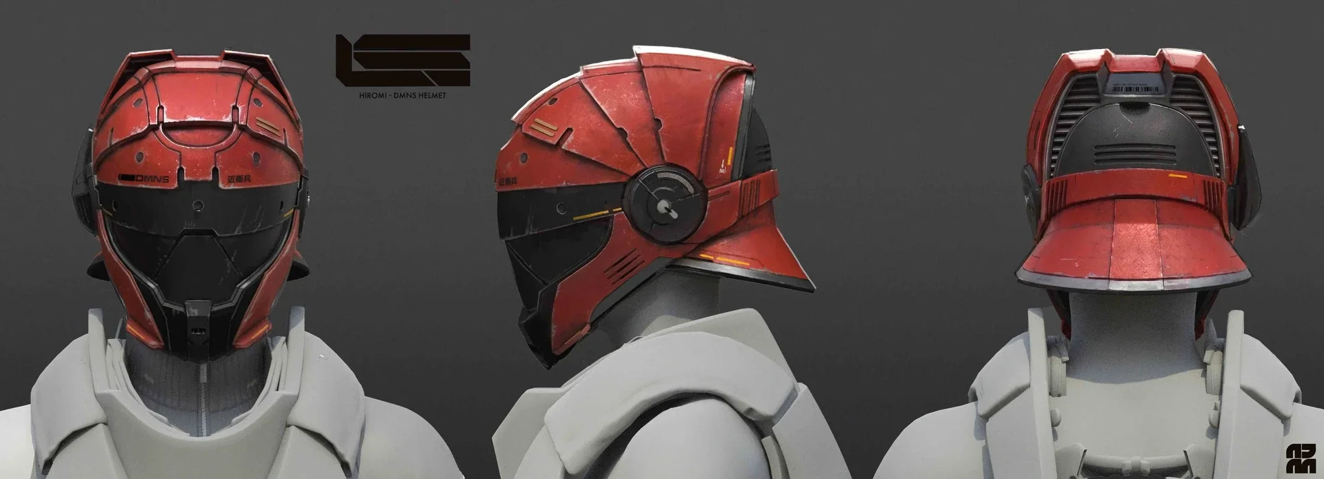 Three sci-fi helmet designs displayed from front, side, and back views. All helmets are red with black accents and weathered textures, mounted on white mannequin busts against a dark background.