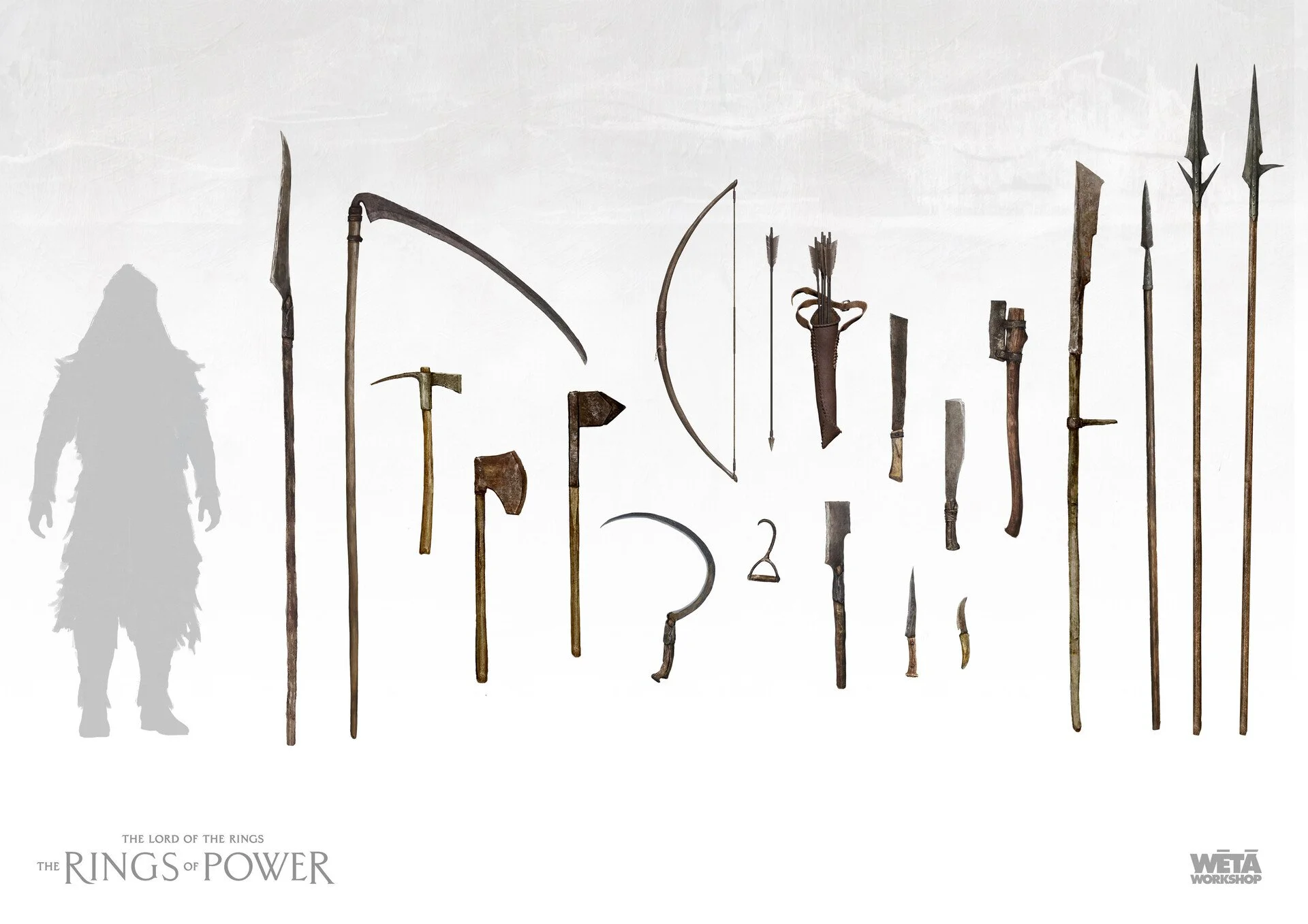 A silhouette of a person next to a display of various ancient weapons and tools, including swords, spears, axes, and bows, arranged upright against a white background.
