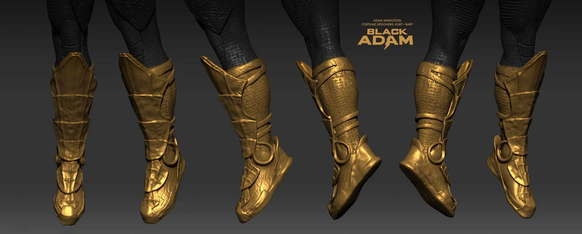 Close-up of six legs wearing gold armor and black tights, with the text 'Black Adam' and credits for costume designers, on a gray background.