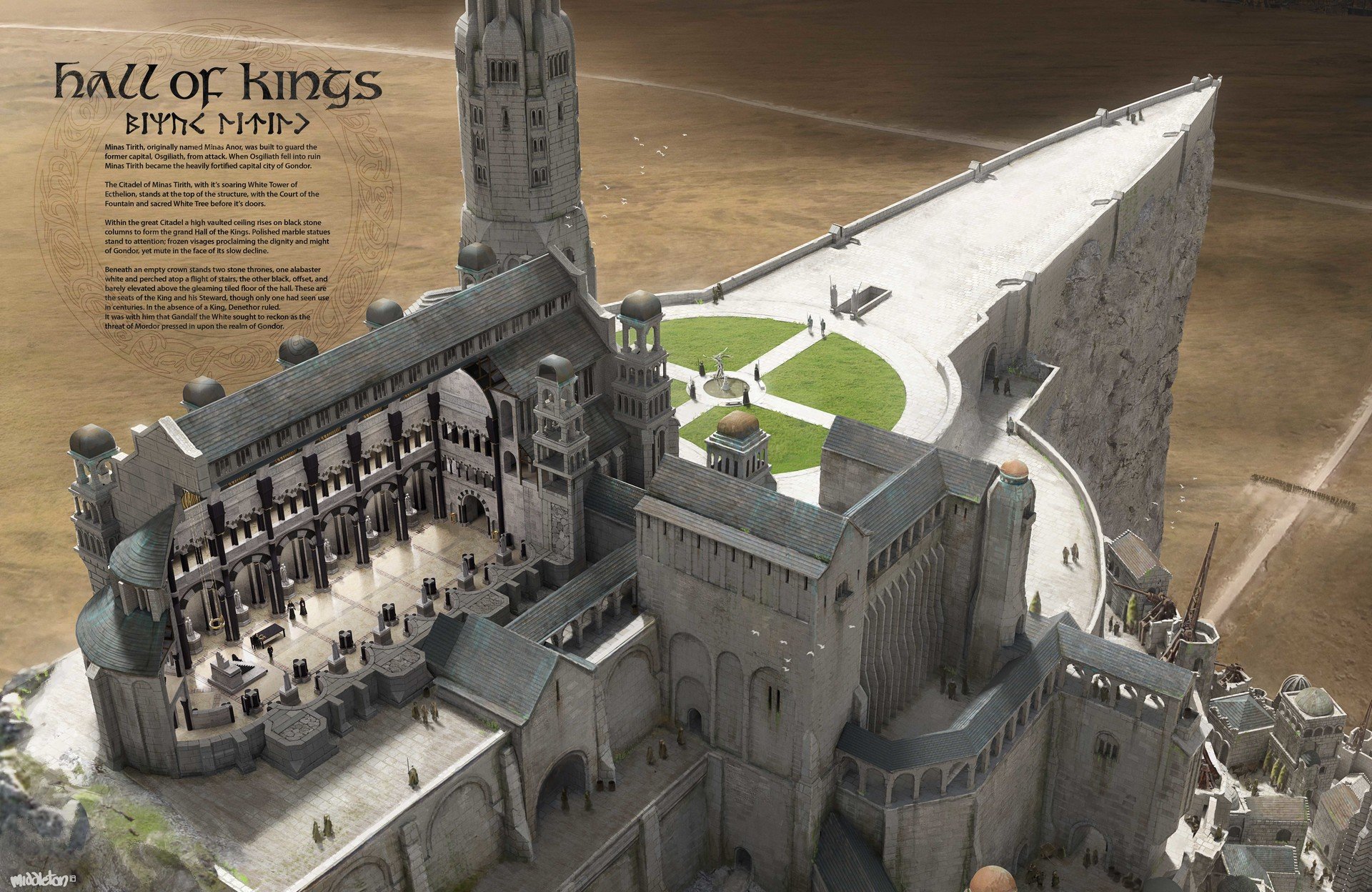 An aerial view of a large castle with a high vaulted ceiling, towers, and walls made of stone, including a courtyard with a fountain, green lawn, and pathways, situated on a hill with a vast plain surrounding it.