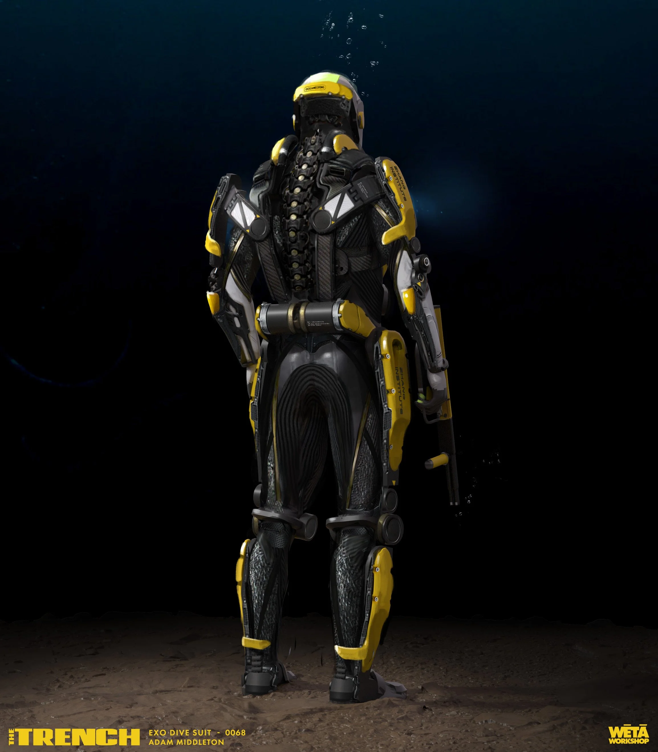 A humanoid robot standing on a dirt ground in a dark environment with a deep blue background. The robot has a sleek, black, and yellow exo dive suit with intricate mechanical details. There is a yellow logo on its right shoulder and a caption at the 
