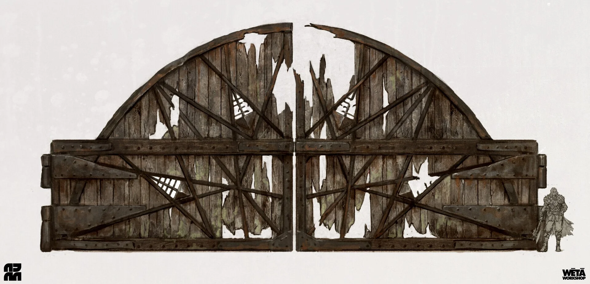 A large, old, weathered wooden gate with broken and missing planks, reinforced with metal braces, set against a plain white background. A small, detailed sketch of a historic knight or warrior in armor is located at the bottom right corner.