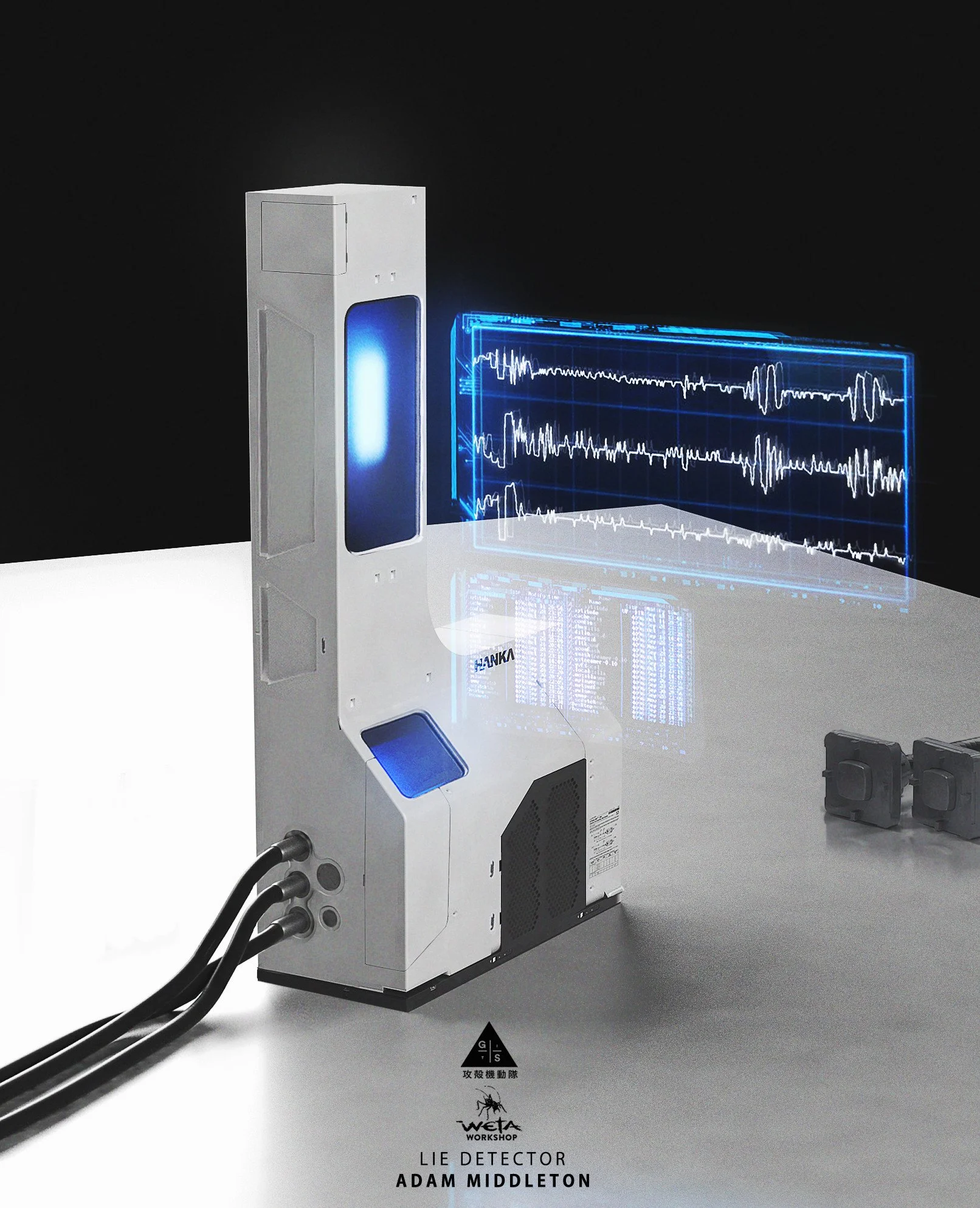 A device labeled 'Lie Detector Adam Middleton' with a tall, white rectangular machine connected by cables, with a digital waveform display projected in the background, set against a dark background.