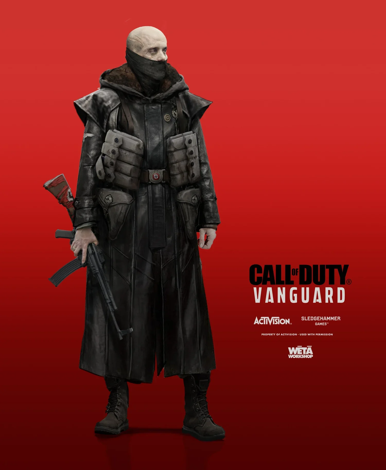 A person dressed in black tactical gear, including a long coat, waist pouches, and boots, holding an assault rifle, with a bald head and face partially covered, standing against a red background with the "Call of Duty: Vanguard" logo.