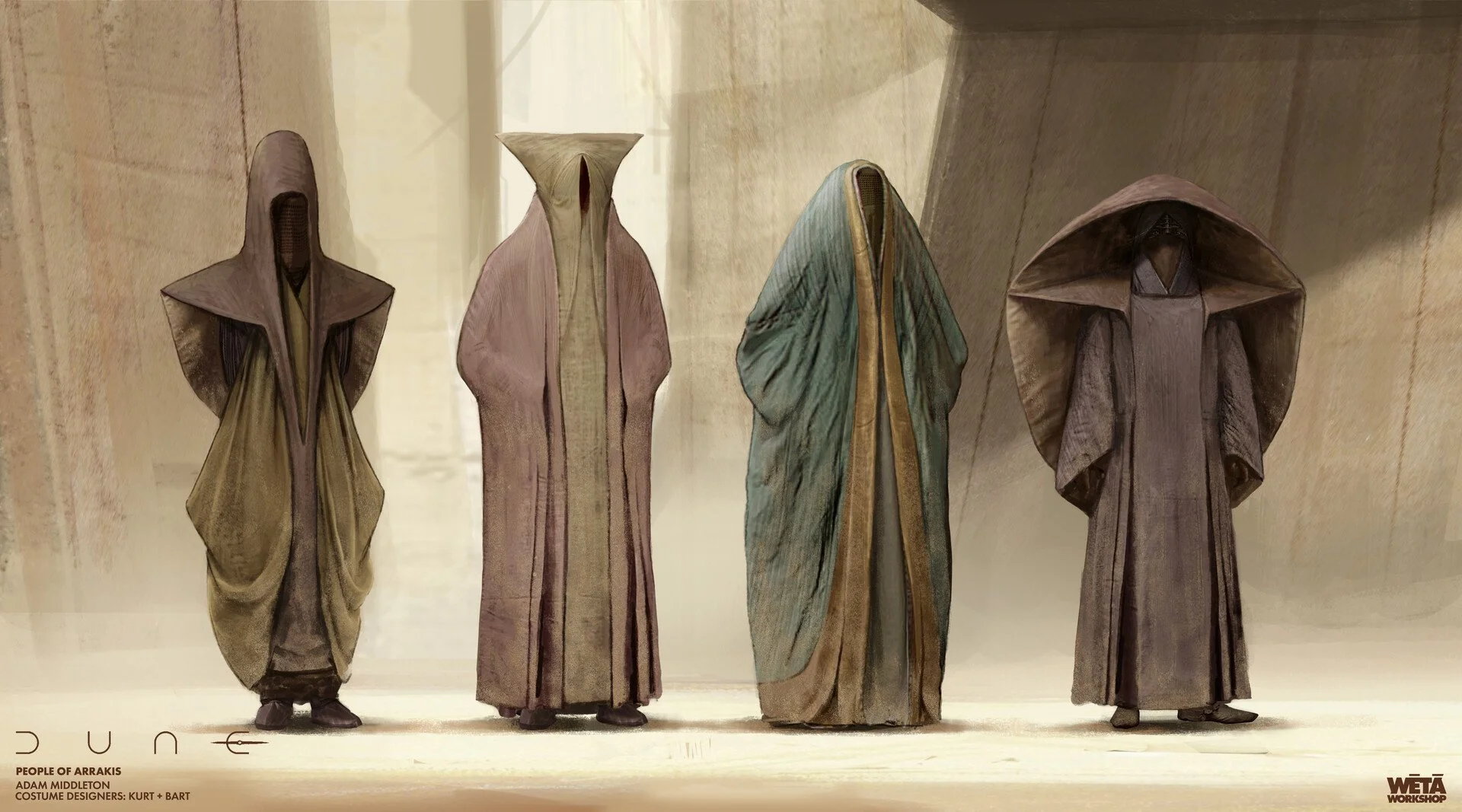 Four individuals dressed in elaborate, futuristic robes with hoods, standing in a line against a plain wall.